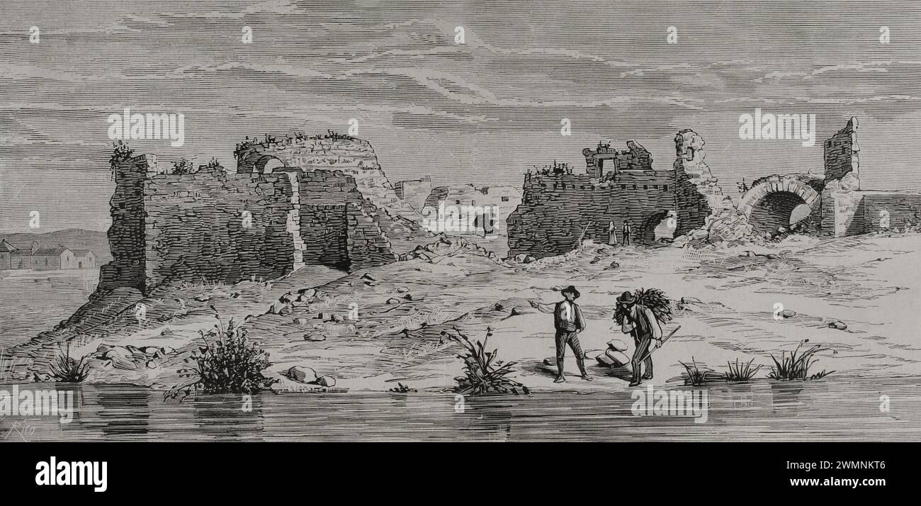 Histoire de l'Espagne. Vue sur les vestiges du château de Calatrava la Vieja (Carrión de Calatrava, province de Ciudad Real). Gravure par Rico. La Ilustración Española y Americana (illustration espagnole et américaine), 1878. Banque D'Images