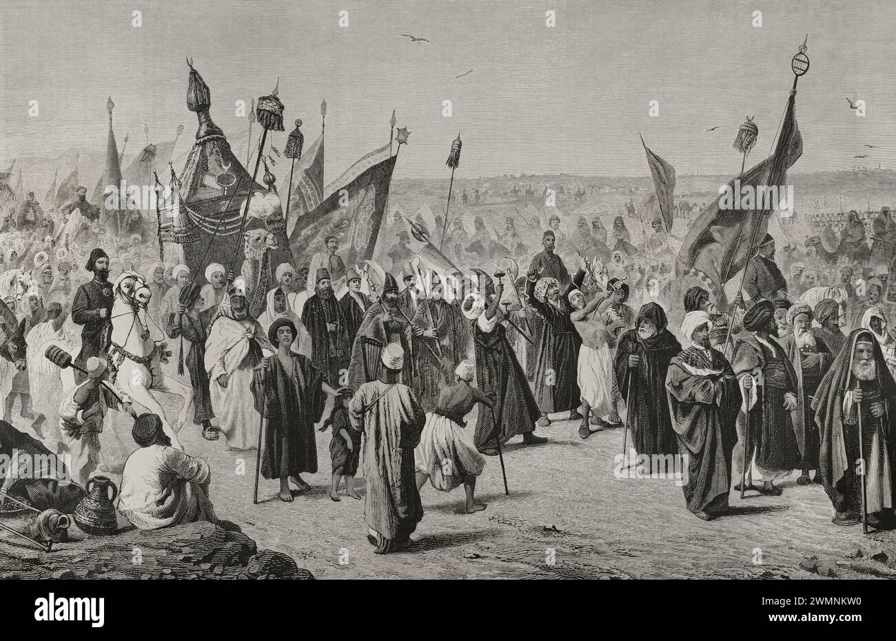 xixe siècle. Le Caire, Égypte. Le retour d’une caravane de Mohammédans après leur pèlerinage à la Mecque. Gravure. La Ilustración Española y Americana (illustration espagnole et américaine), 1878. Banque D'Images