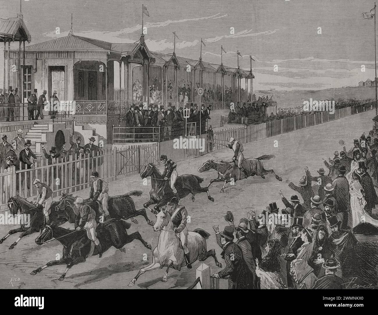 Histoire de l'Espagne. Madrid. Courses hippiques au Hipódromo de la Castellana (hippodrome de la Castellana). Il est inauguré le 31 janvier 1878 à l'occasion du mariage du roi Alphonse XII et de Mercedes d'Orléans. Course du 12 novembre 1878, dans laquelle le cheval 'Trovador', propriété de Mr. Davies, a remporté le prix de la Mairie. Gravure par Rico. La Ilustración Española y Americana (illustration espagnole et américaine), 1878. Banque D'Images