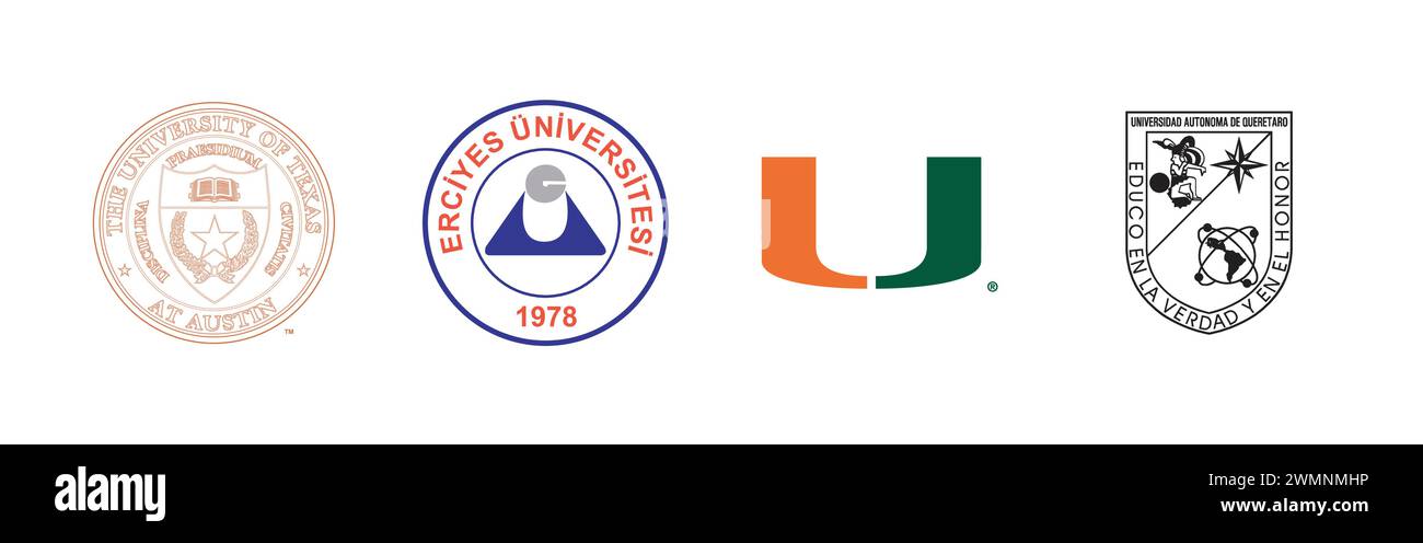 Universidad Autonoma de Queretaro, TC ERCIYES UNIVERSITESI, Université du Texas - Seal, Université de Miami. Collection populaire de logo de marque. Illustration de Vecteur