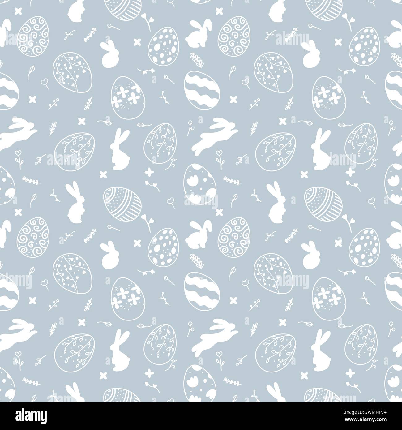Motif de Pâques sans couture sur fond bleu avec silhouette blanche de lapins de Pâques et d'œufs Illustration de Vecteur