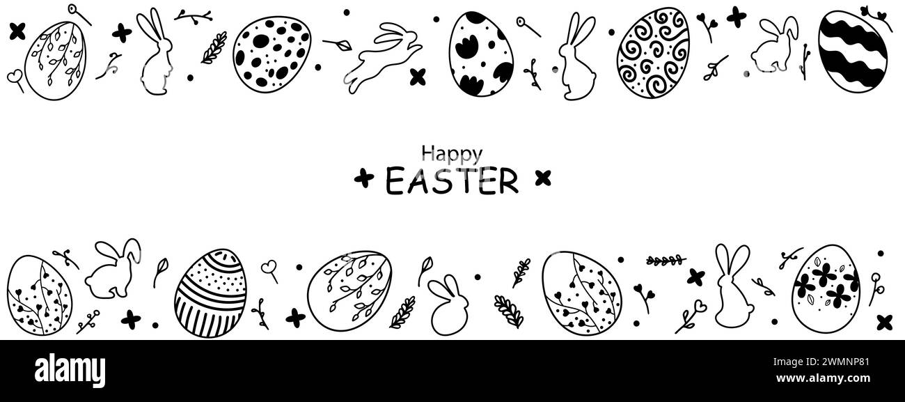 Bannière pour la décoration de Pâques. Silhouettes noires de lapins de Pâques et œufs dans un style vintage Illustration de Vecteur