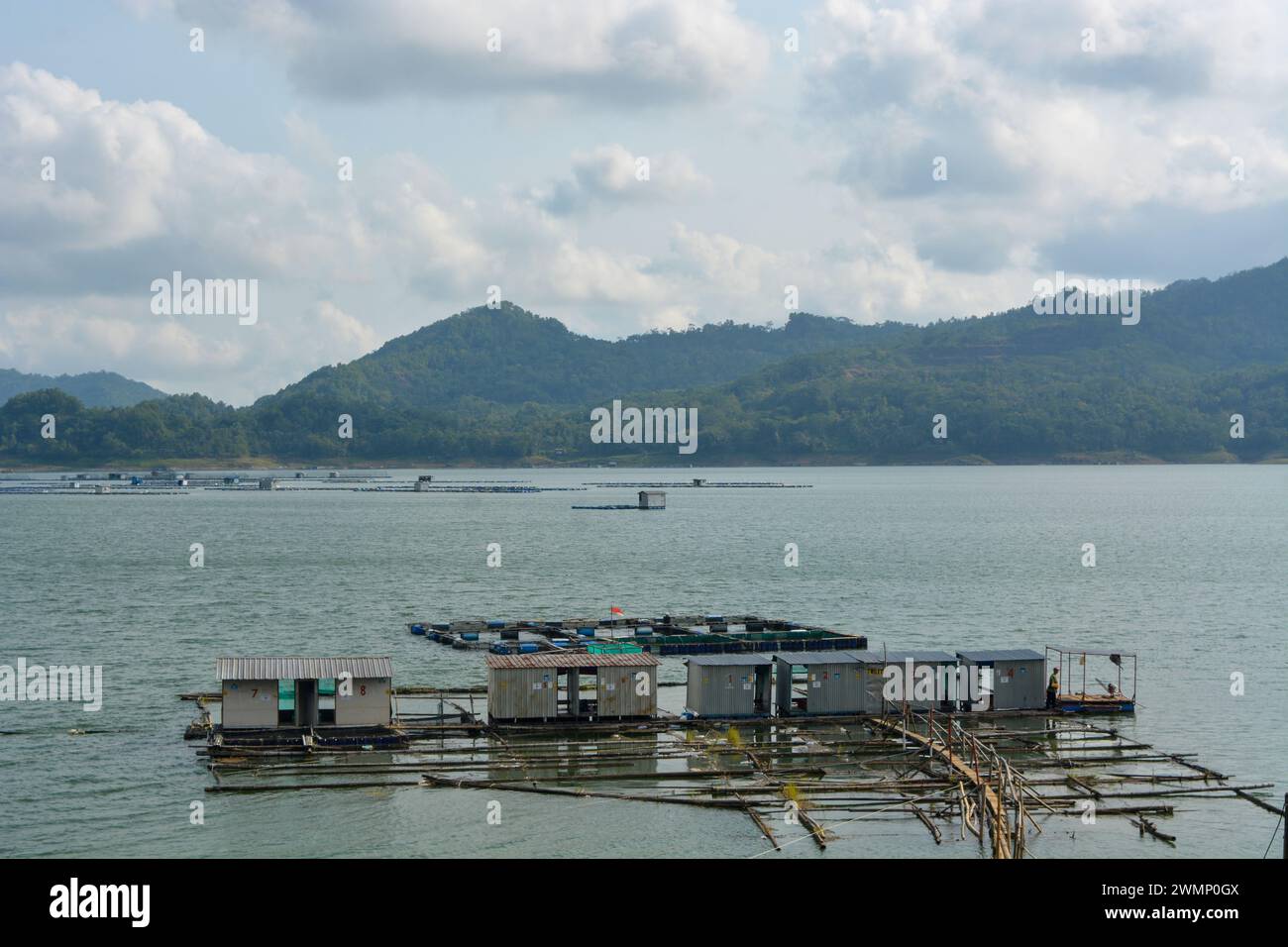 4 septembre 2023, atmosphère de pisciculture d'eau douce au bord d'un réservoir. Wonosobo, Indonésie Banque D'Images