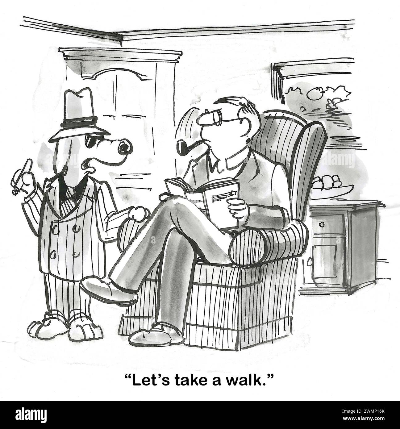 Dessin animé BW d'un chien de la mafia disant à son propriétaire « allons nous promener ». Banque D'Images