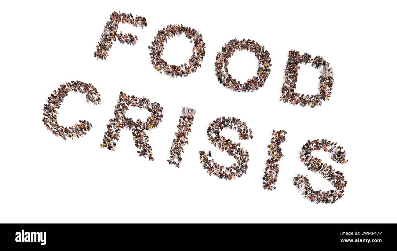 Concept ou concept vaste communauté de personnes formant le message DE CRISE ALIMENTAIRE. 3d métaphore de l'illustration pour les pénuries alimentaires dues à la récession, la guerre Banque D'Images