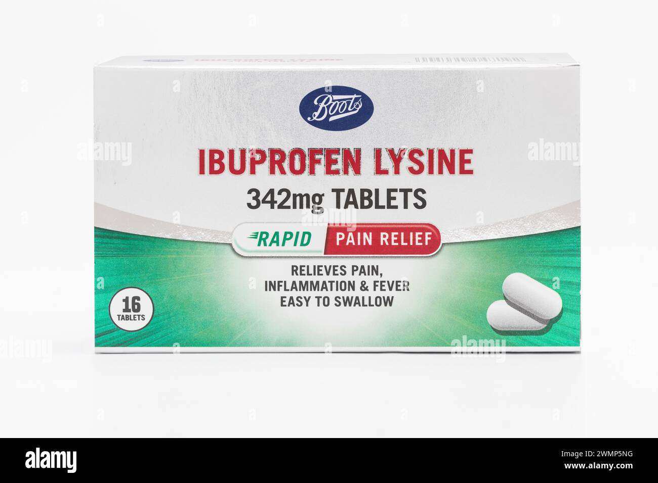Une boîte de Boots Ibuprofen lysine 342mg comprimés Banque D'Images