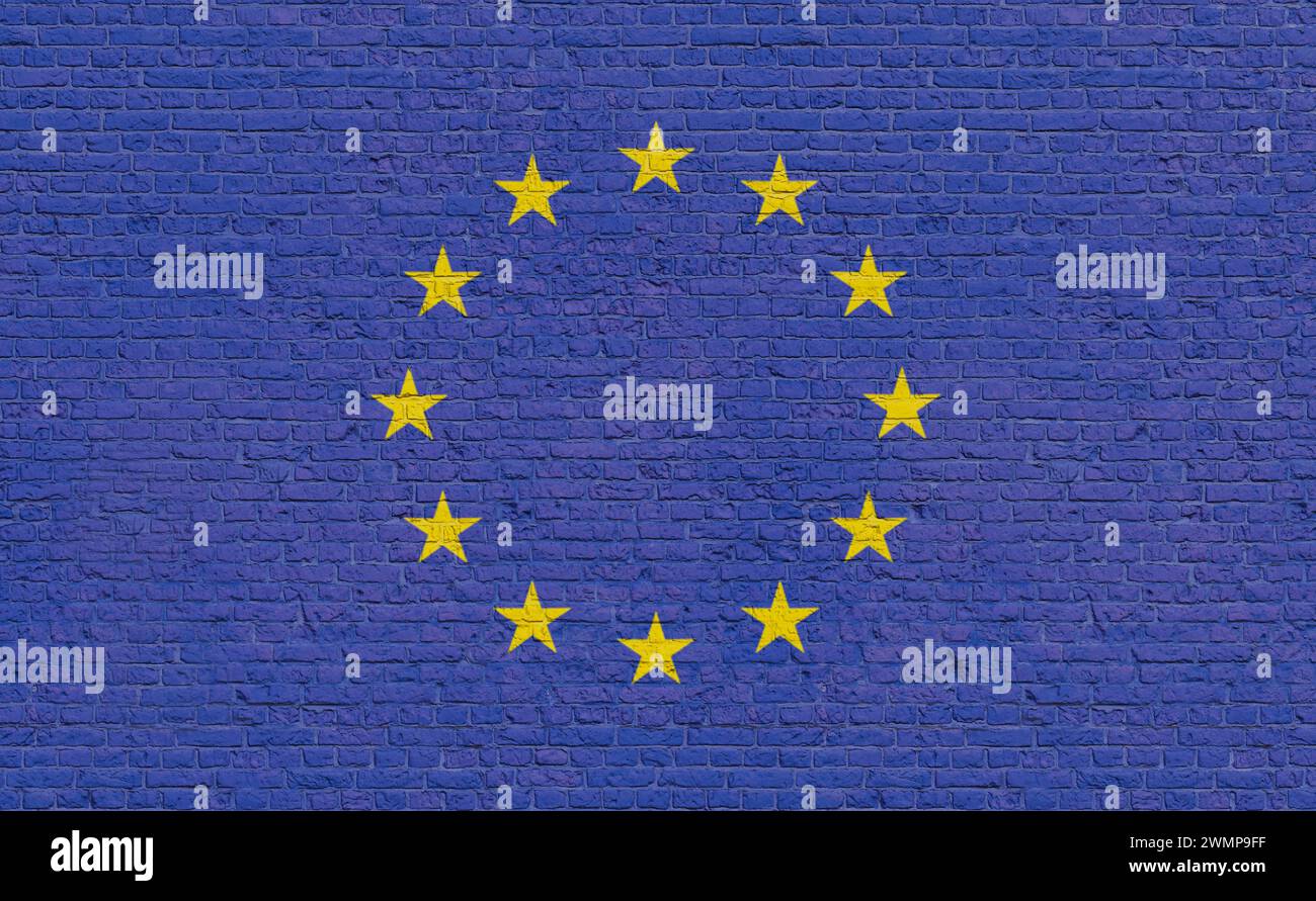Couleurs du drapeau de l'Union européenne peintes sur un mur de briques. Couleurs du drapeau de l'Union européenne peintes sur un mur de briques. Couleurs nationales, pays, union, bannière, gouvernement, politique. pays drapeau brickwall union européenne Banque D'Images