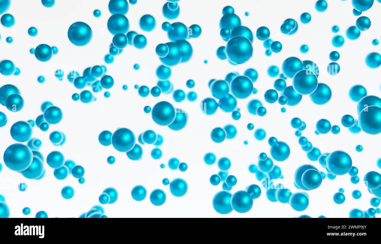 Sphères métalliques bleues de différentes tailles. Sphères métalliques bleues de différentes tailles. Abstrait, graphique numérique, arrière-plan, flou artistique, déplacement vers le haut. Illustration 3D sco anim abstract particles 01s01 Sphere Blue Banque D'Images