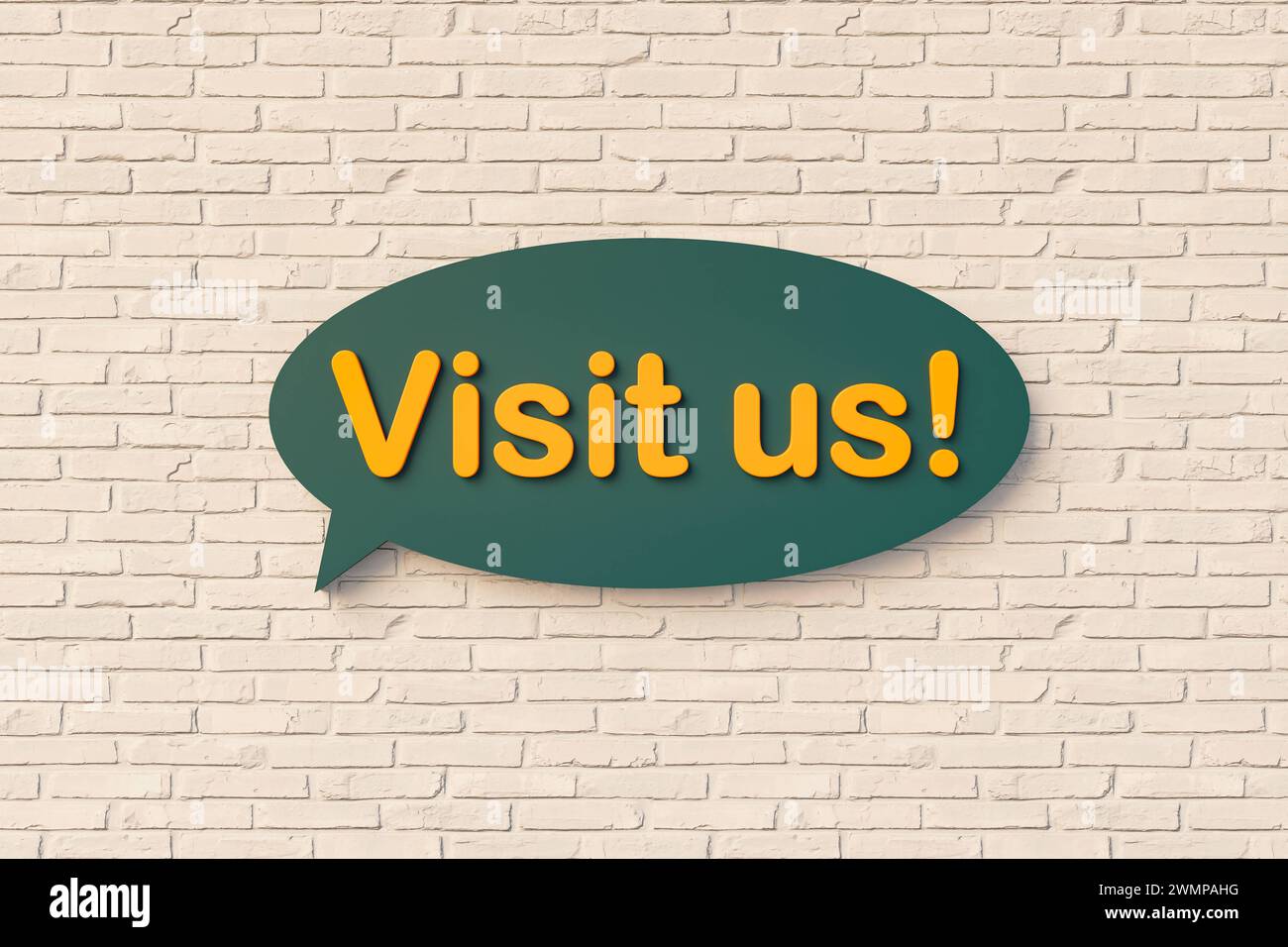 Visitez-nous visitez-nous Cartoon Speech Bubble en jaune et vert foncé, mur de briques. Vacances, touriste, visite, invitation, ensemble, avec des amis et famil Banque D'Images