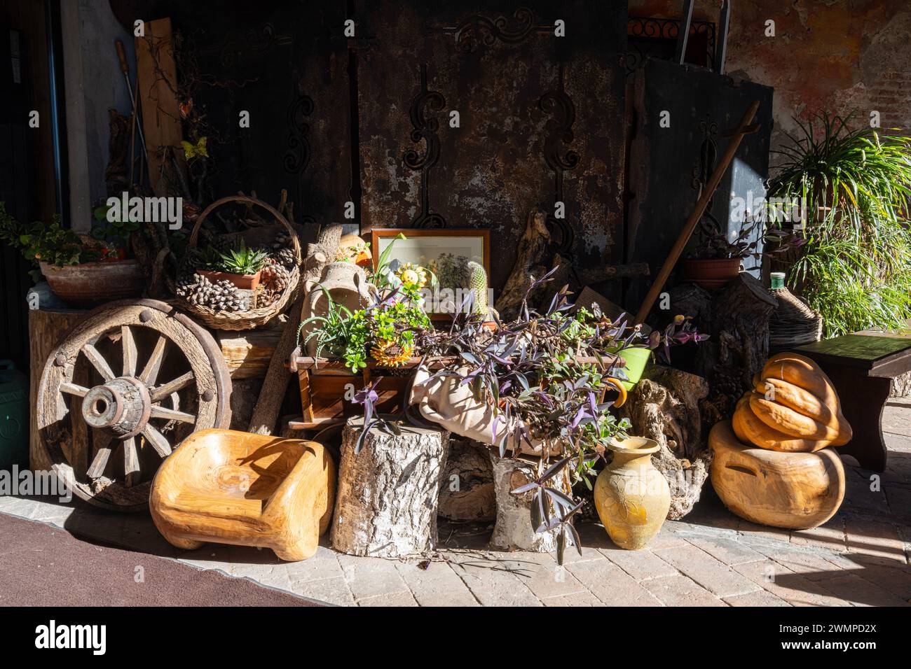 Objets anciens et plantes recueillis à l'extérieur d'une cour d'une ancienne maison rurale dans le nord de l'Italie Banque D'Images