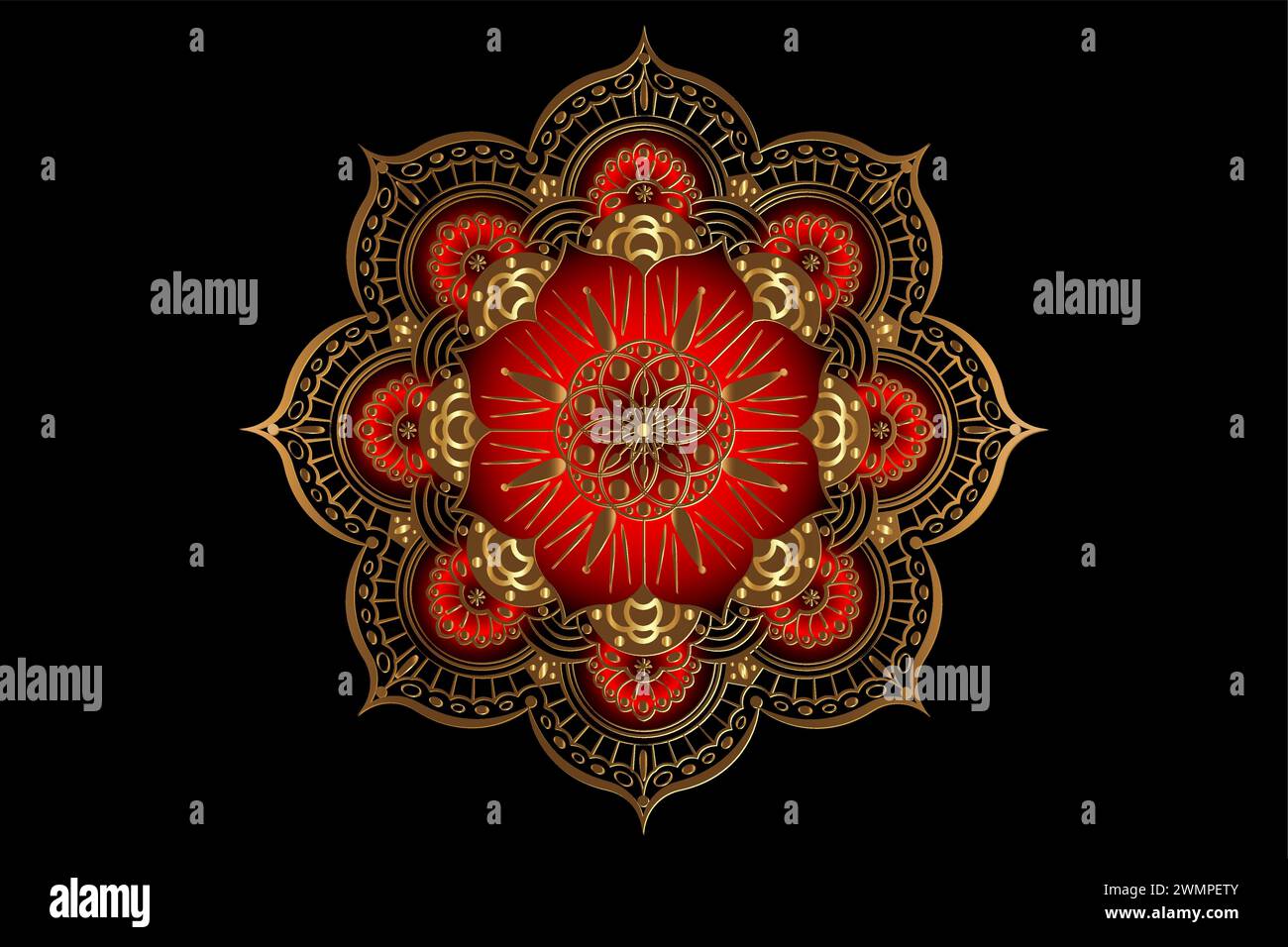 Mandala de luxe avec beau motif circulaire vintage de l'indien. Décoration florale ronde en or sur couleur rouge, illustration vectorielle isolée sur noir Illustration de Vecteur