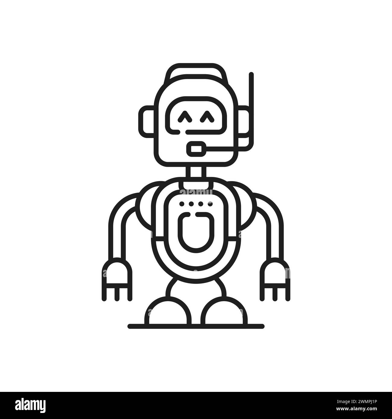 Chatbot drôle ligne de robot et contour icône ou signe. Symbole de doublure de robot d'intelligence artificielle d'assistant virtuel, pictogramme vectoriel de vecteur de ligne de bot humanoïde de machine future de l'industrie ou pictogramme vectoriel de ligne de robot humanoïde de pilote automatique Illustration de Vecteur