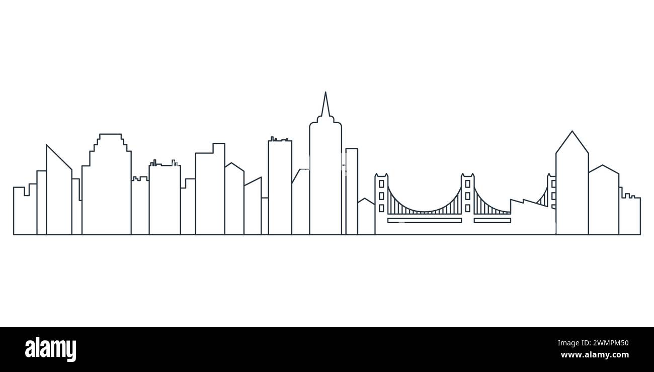 Horizon de la ville, paysage urbain de ligne noire avec immeubles de bureaux et illustration vectorielle de pont Illustration de Vecteur