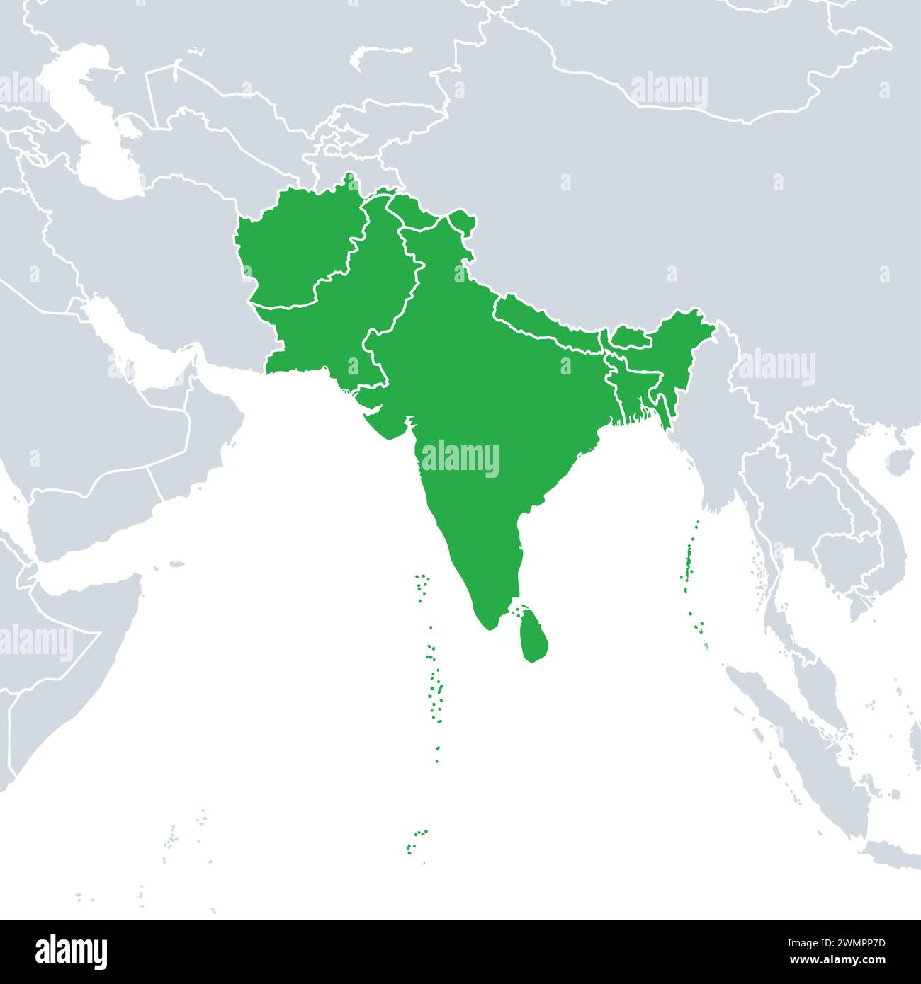 Carte politique de l'Asie du Sud. Sous-région sud de l'Asie, définie en termes géographiques et ethniques et culturels. Banque D'Images
