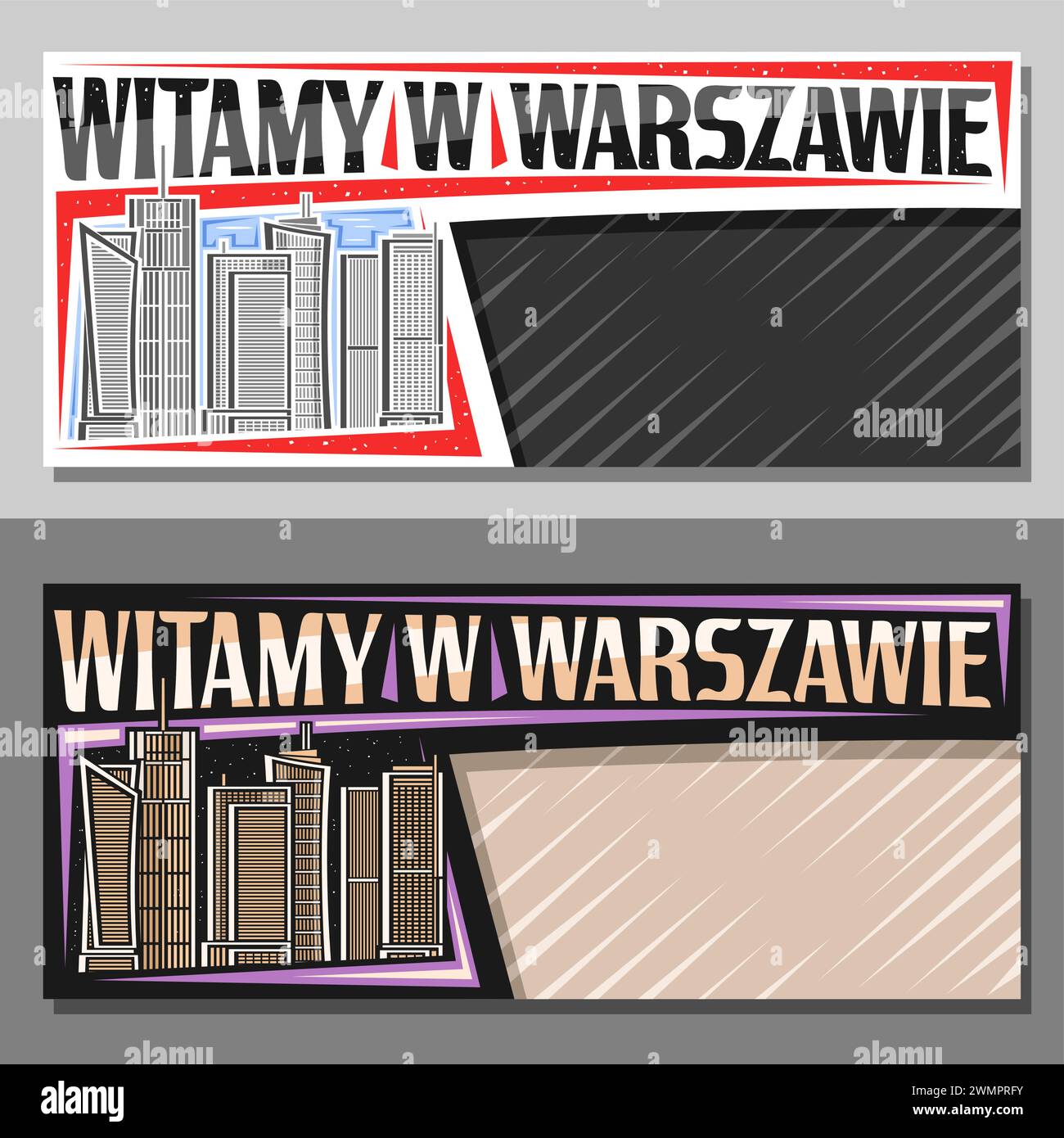 Bannière vectorielle pour Warszawa avec espace de copie, disposition décorative avec illustration du paysage de la ville européenne de warszawa sur le fond de ciel de jour et de crépuscule, art. Illustration de Vecteur