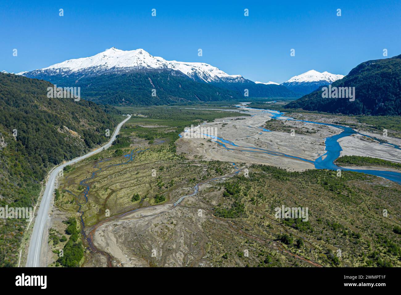 Large vallée de la rivière Rio ibanez, arbres morts causés par l'éruption du volcan Hudson, Patagonie, Chili Banque D'Images