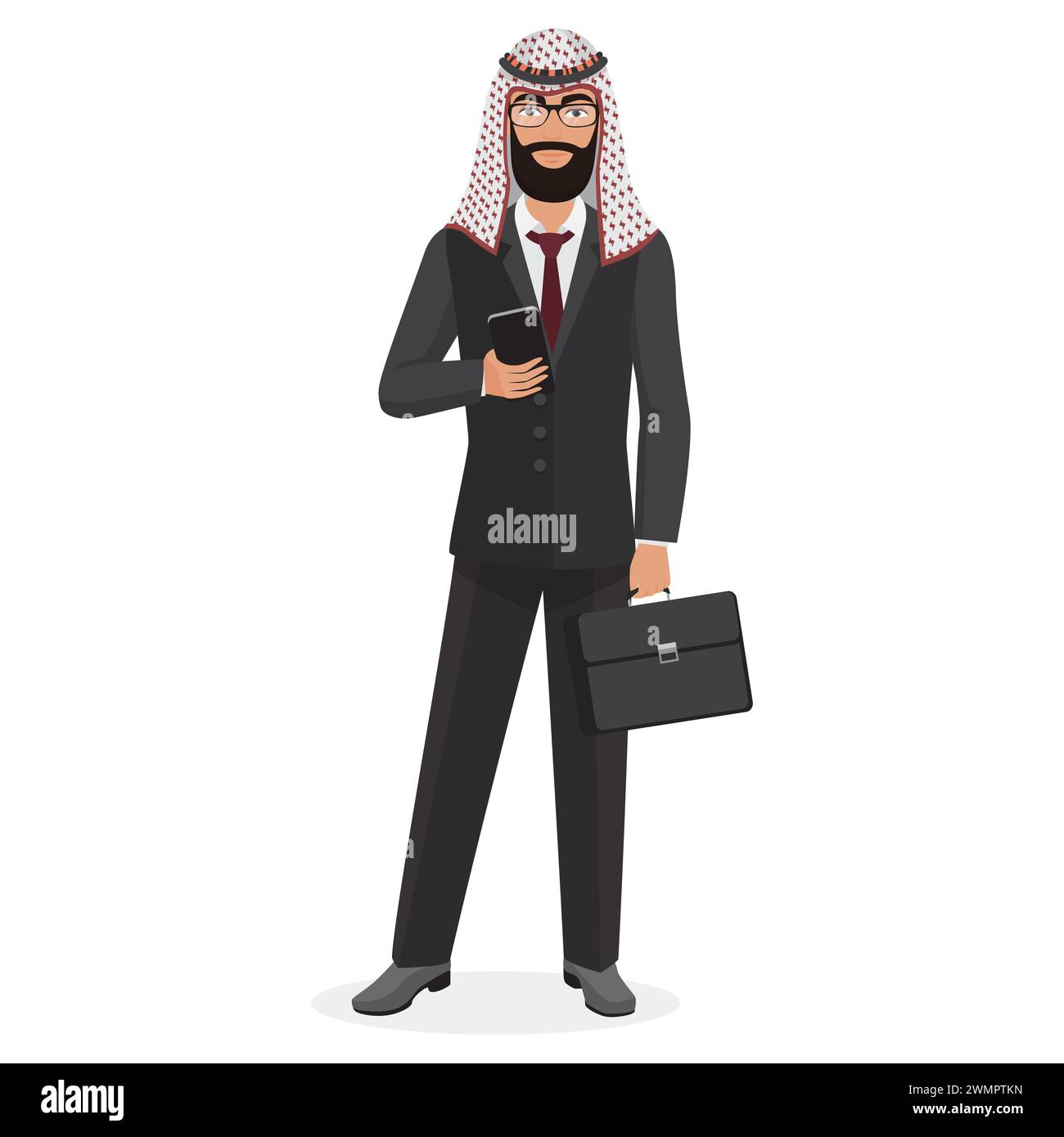 Homme d'affaires arabe en costume tenant mallette et téléphone, homme avec barbe debout illustration vectorielle Illustration de Vecteur