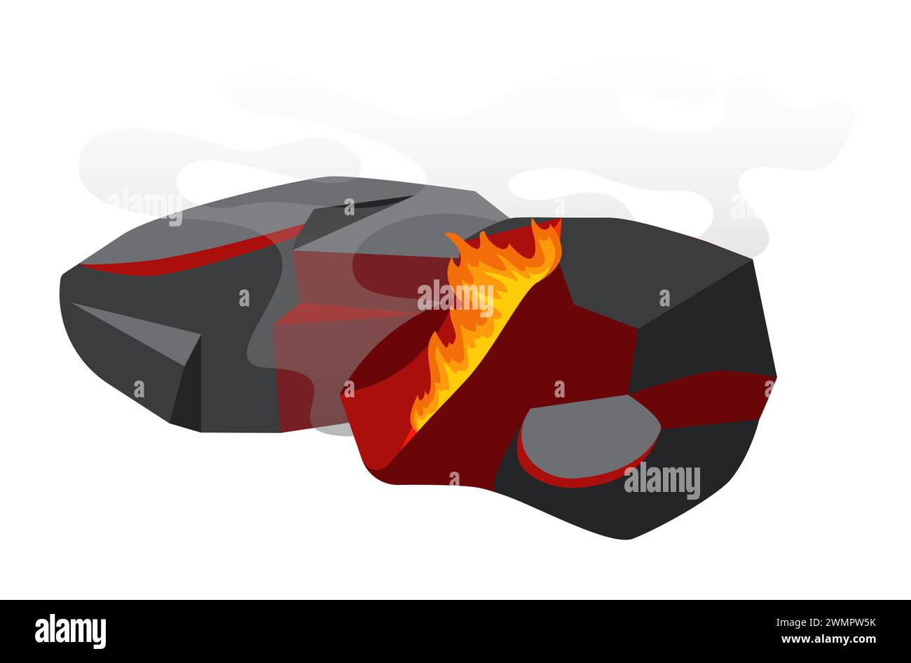 Les braises de charbon brûlent avec le feu rouge lumineux et la fumée, brûlant des roches de charbon de bois illustration vectorielle Illustration de Vecteur
