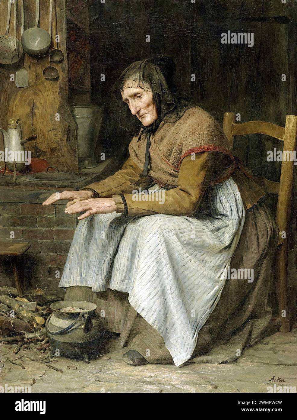 Anker Albert - la nonna crogiolarsi al focolare (1885) Banque D'Images