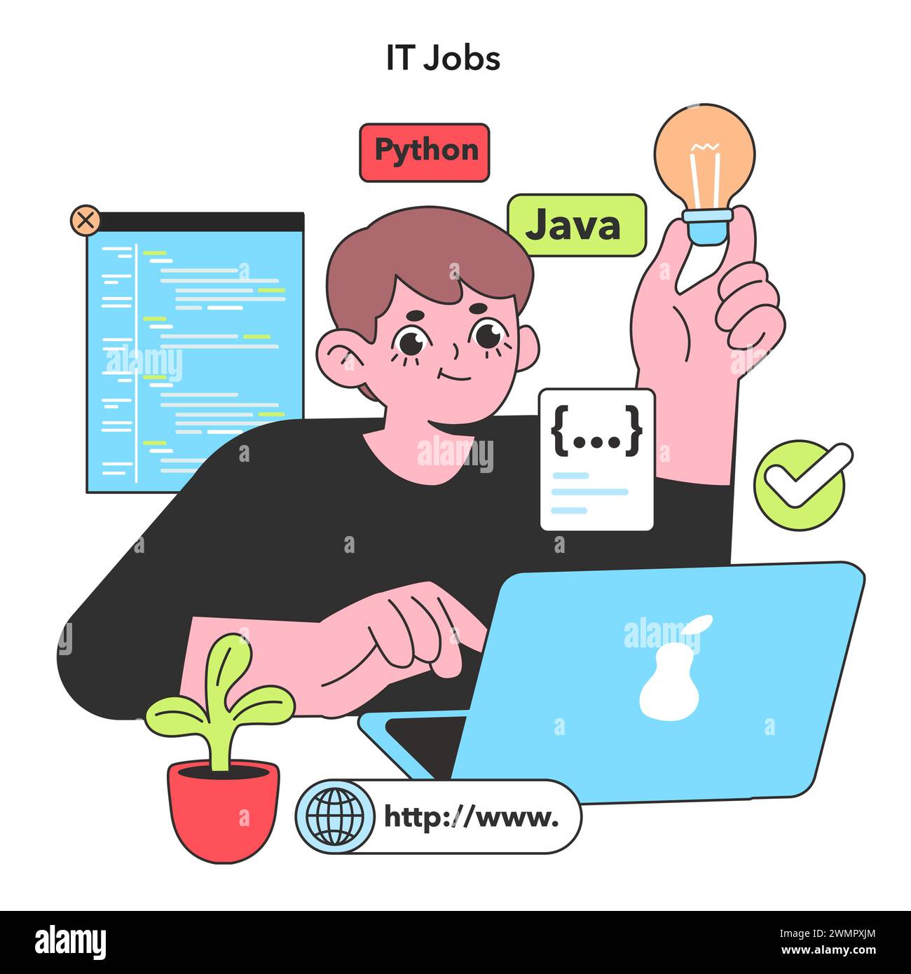 Un professionnel DE L'INFORMATIQUE enthousiaste avec un penchant pour Python et Java tient une ampoule lumineuse, symbolisant les idées brillantes qui alimentent le marché du travail technologique d'aujourd'hui Illustration de Vecteur
