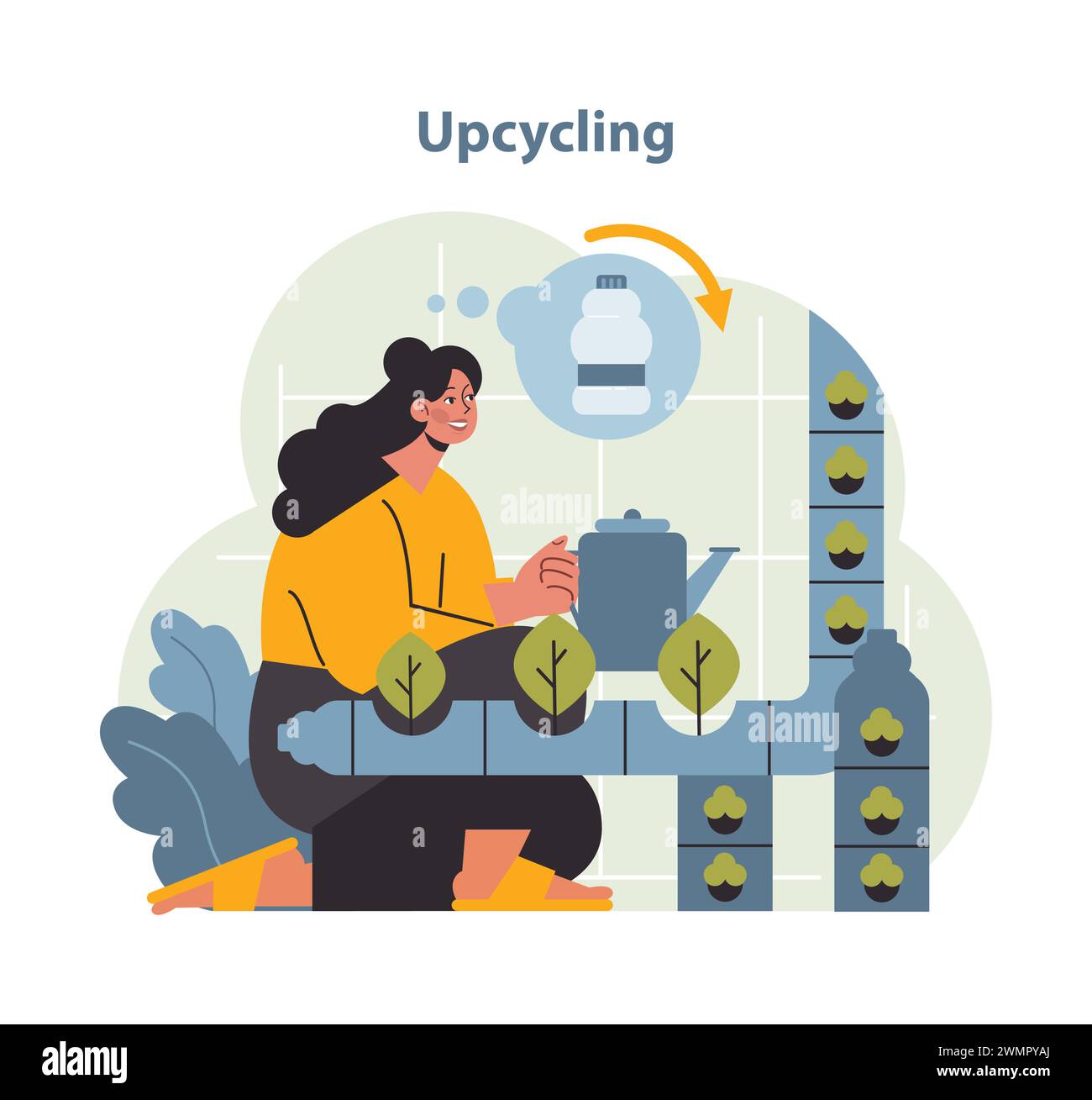 Illustration du processus de mise à niveau. Une personne illustre l'essence de l'upcycling en réutilisant des bouteilles en plastique dans des jardinières décoratives, mettant en valeur la durabilité en action. Illustration de Vecteur