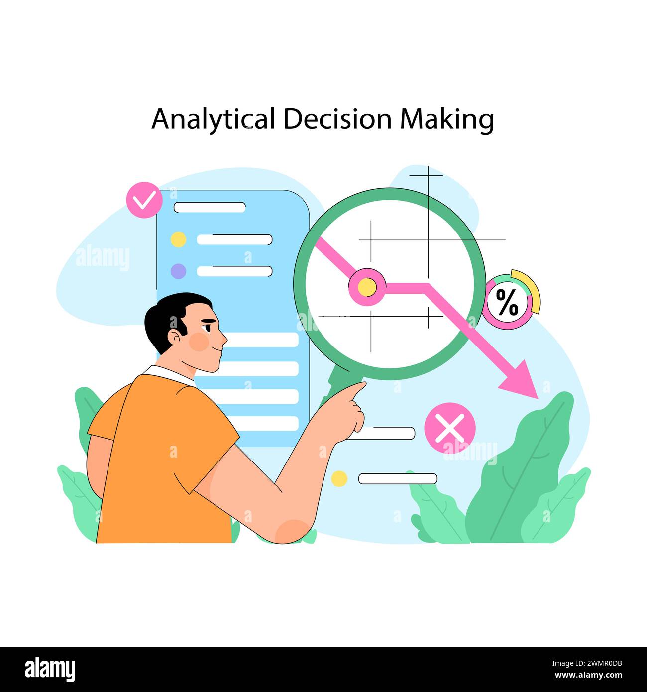 Concept de prise de décision analytique. Focused Individual scrute les données à l'aide d'une loupe. Approche de résolution de problèmes orientée vers le détail. Faire un choix basé sur l'analyse. Illustration vectorielle plate Illustration de Vecteur