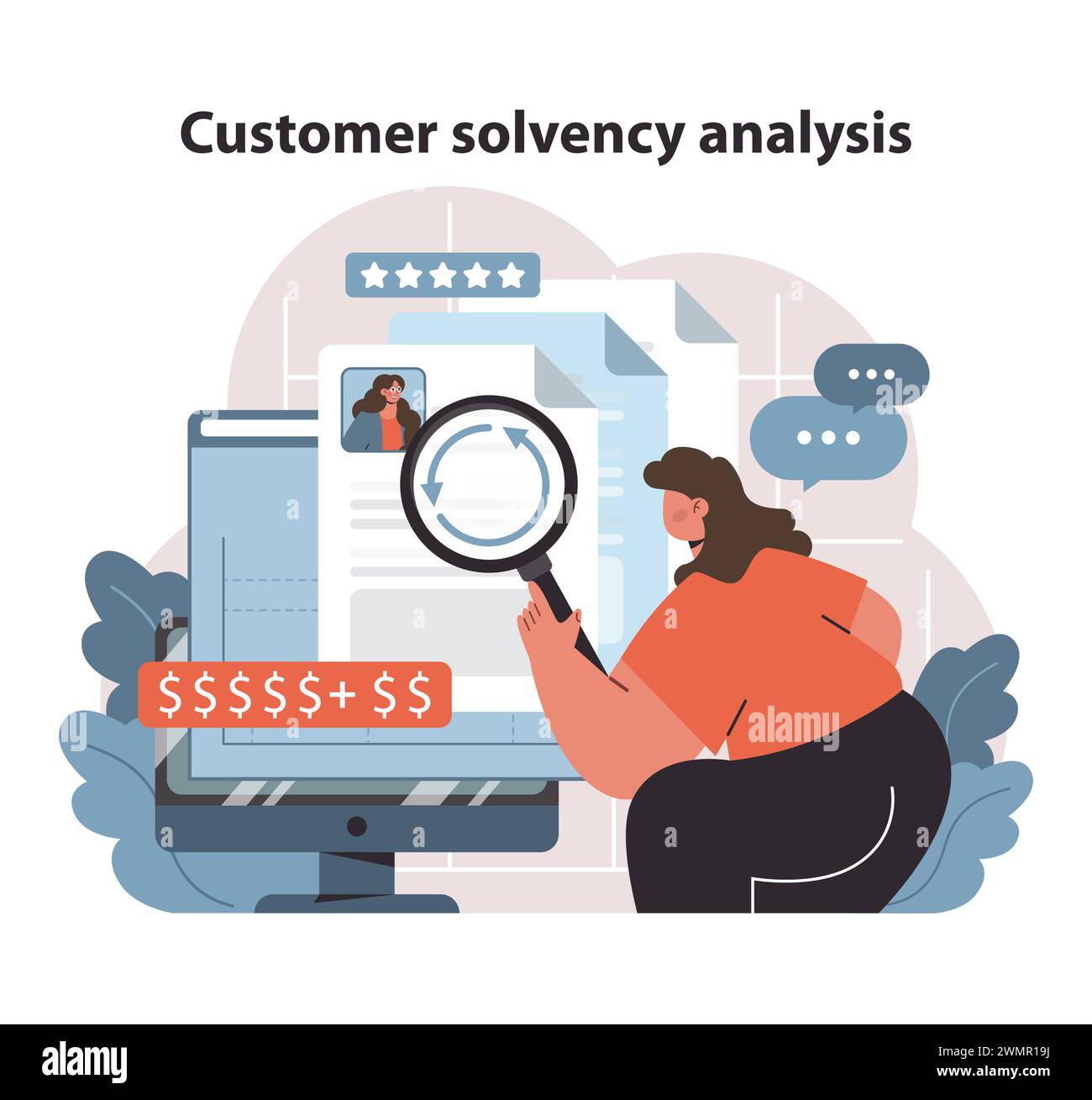 Analyse de solvabilité du client. Analyser les profils financiers et la solvabilité des clients avec un examen minutieux. Un élément essentiel de la gestion des risques et de la planification des activités. Vecteur plat. Illustration de Vecteur