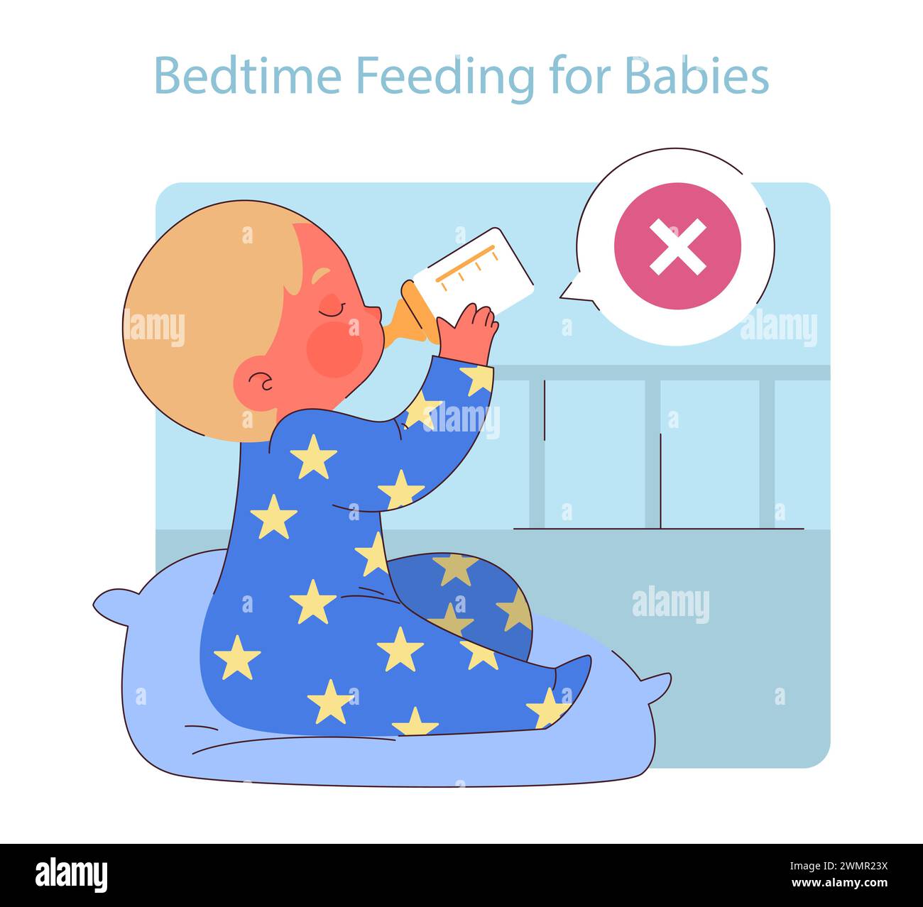 L'alimentation des bébés au coucher. Illustration mettant en évidence les risques des biberons nocturnes, favorisant la sensibilisation à la santé bucco-dentaire dès la petite enfance. Illustration de Vecteur