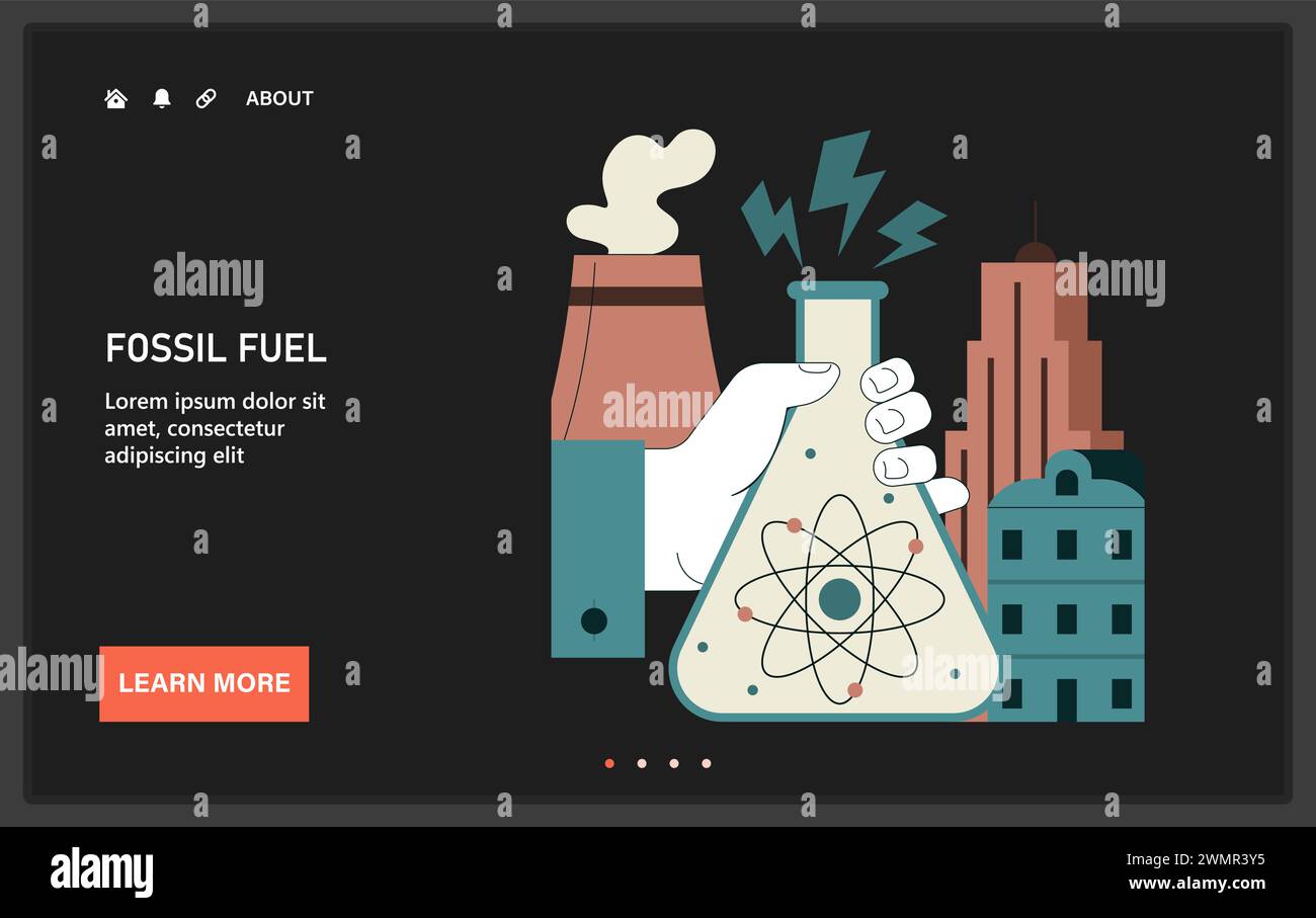 Toile ou atterrissage de combustible fossile. Intégration de l'énergie atomique ou nucléaire dans les villes modernes. Production d'énergie renouvelable dans un réacteur nucléaire. Illustration vectorielle plate Illustration de Vecteur