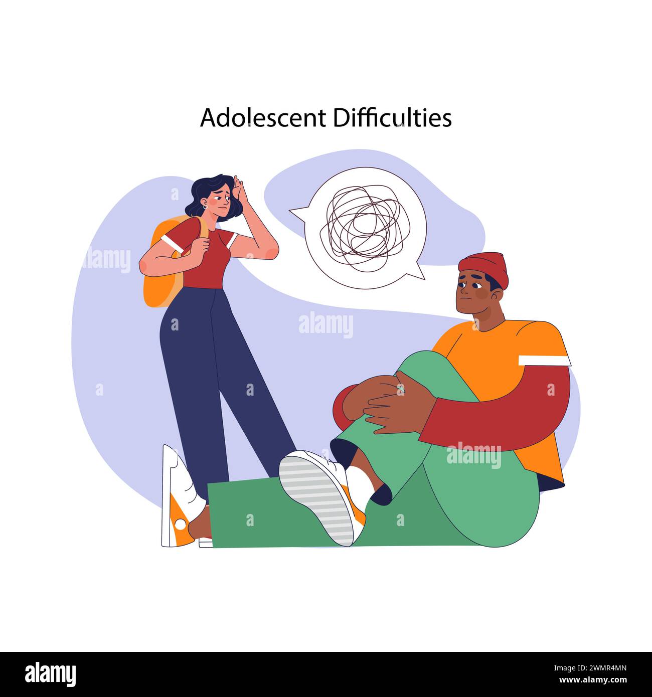 Notion de difficultés de l'adolescent. Adolescents troublés se confiant les uns aux autres, aux prises avec des défis internes. Inquiétudes, préoccupations, luttes des jeunes et problèmes de santé mentale. Illustration vectorielle plate Illustration de Vecteur