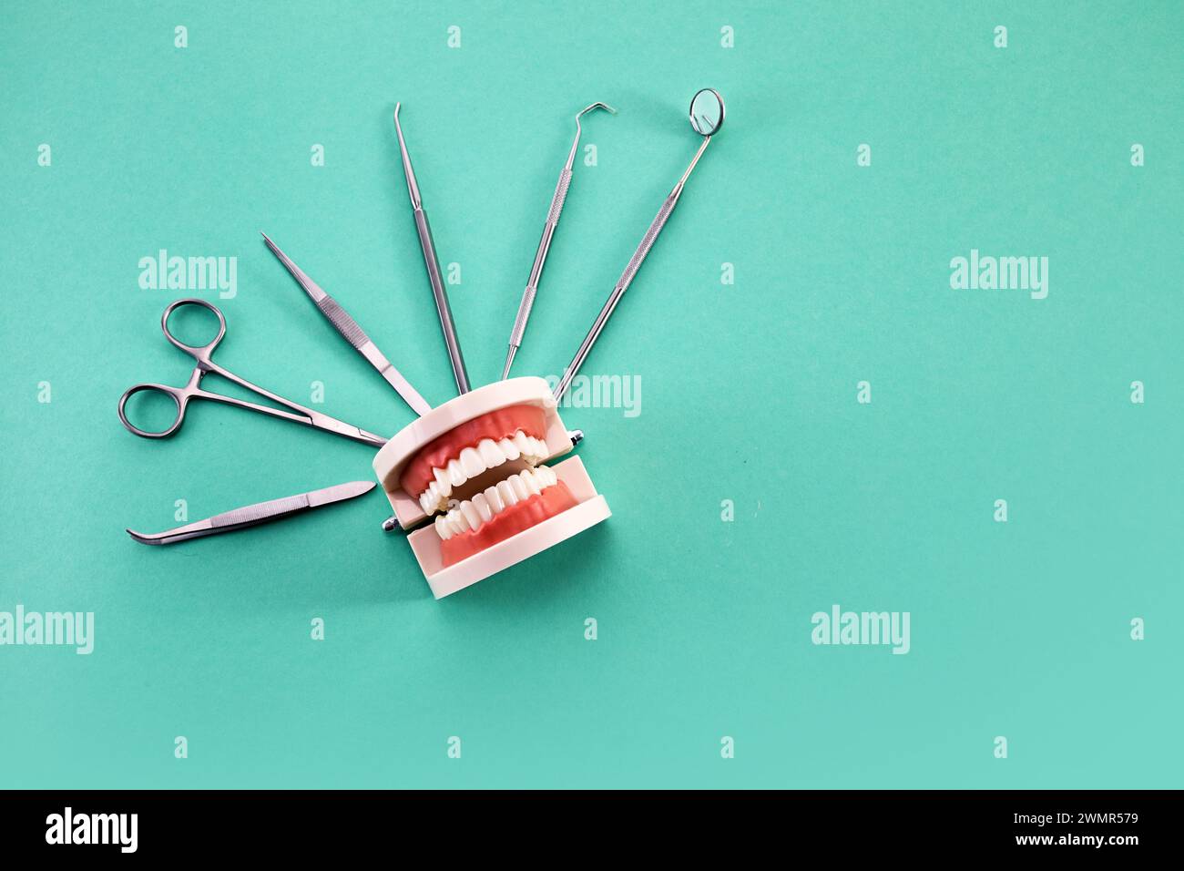 Journée mondiale des dentistes. Outils et dents du dentiste Banque D'Images