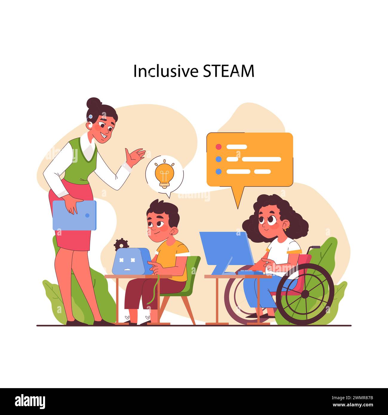 L'éducation STEAM. Les élèves acquérant des connaissances sur les technologies, les sciences, les mathématiques et les mieux compris Divers enfants apprenant la programmation et l'ingénierie. Illustration vectorielle plate Illustration de Vecteur