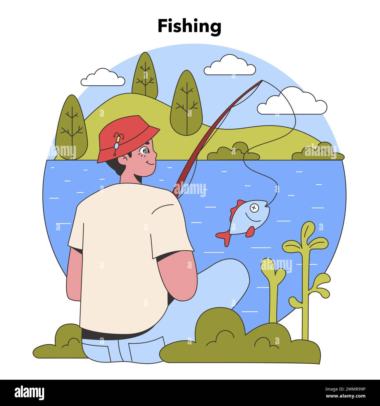 Pêche tranquille au bord du lac. Pêcheur dans un chapeau attrape un poisson dans un cadre de lac tranquille, entouré d'un feuillage luxuriant et sous un ciel ensoleillé. Activité de camping parfaite. Illustration vectorielle plate Illustration de Vecteur