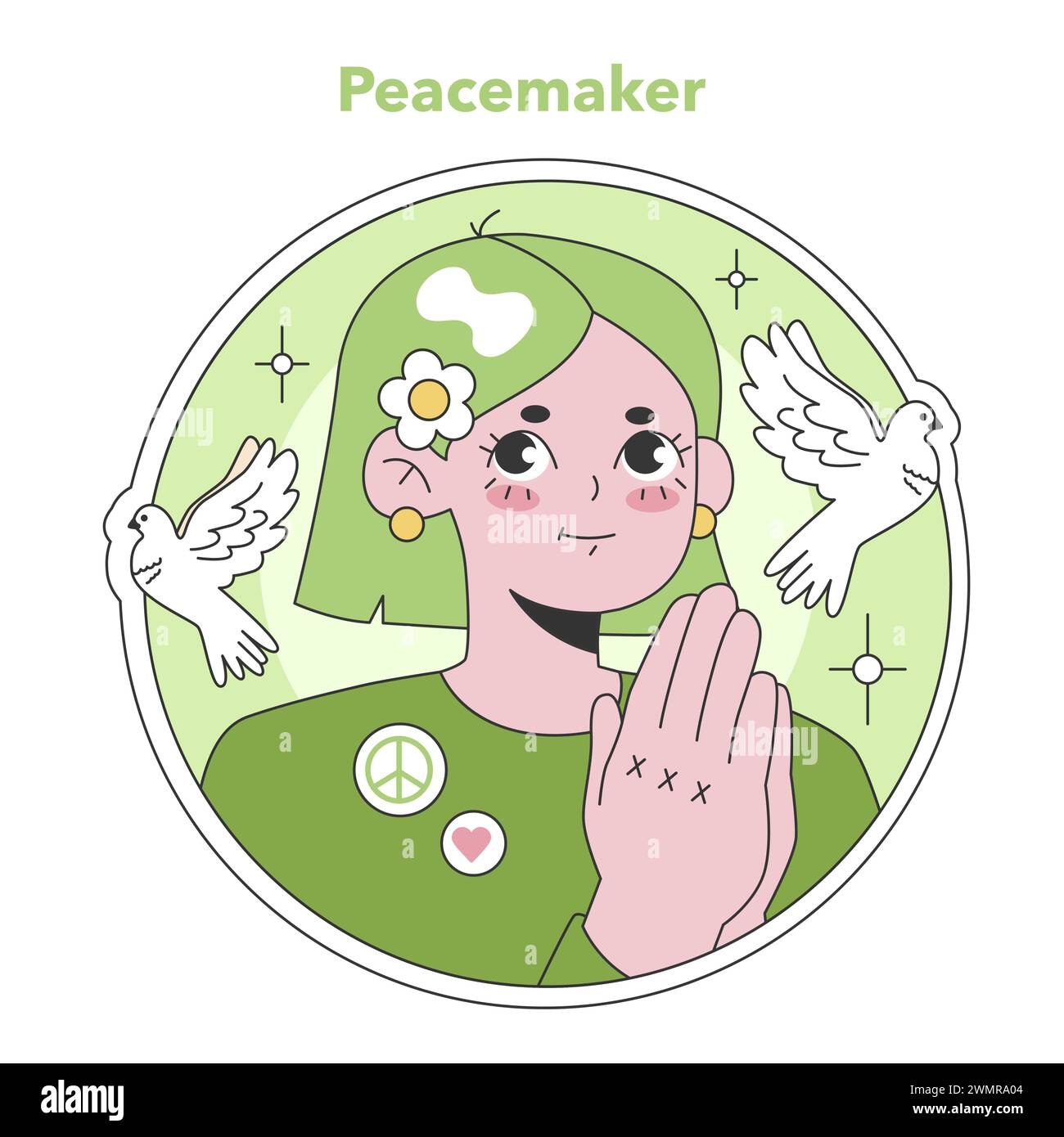 Ennéagramme Peacemaker illustration de type. Un caractère serein et harmonieux avec des colombes, incarnant le calme et la poursuite de la paix. Idéal pour les thèmes de résolution de conflits. Illustration vectorielle plate Illustration de Vecteur