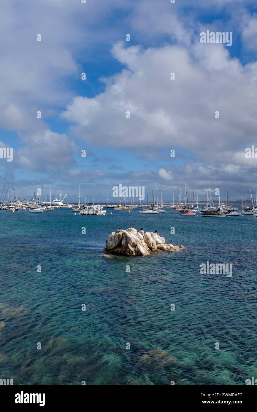 Vue sur le port de Monterey et les bateaux à l'ancre avec un gros rocher au premier plan. Ciel nuageux lumineux et eau turquoise avec la côte californienne. Banque D'Images