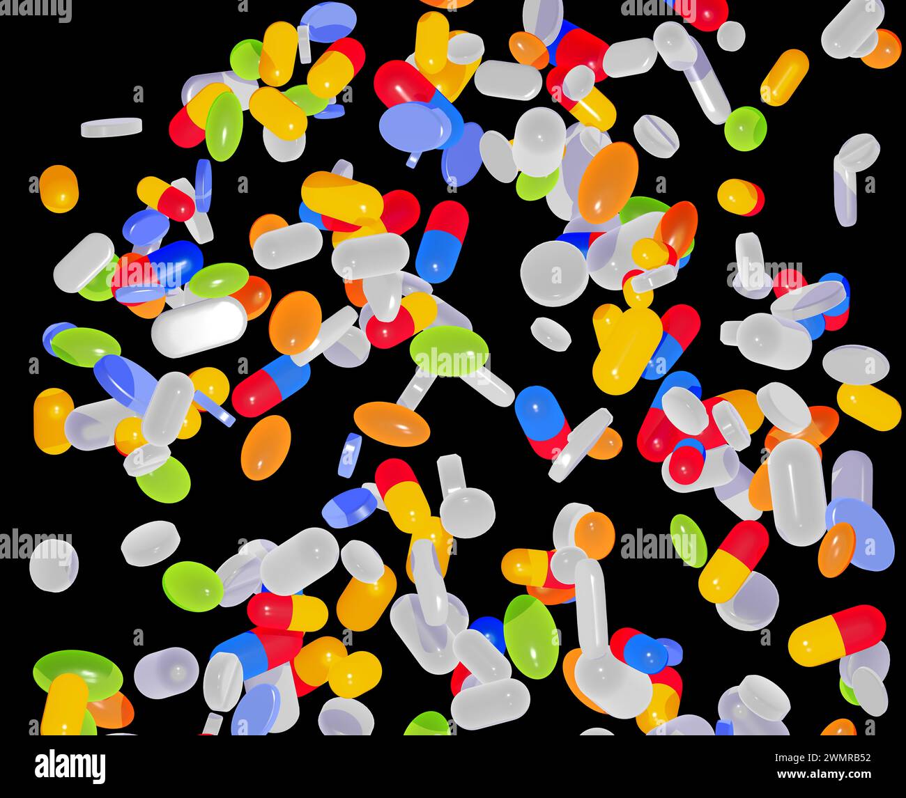 illustration 3d de capsules de médecine et de comprimés avec divers styles graphiques. Flottant dans l'air en mouvement découpé sur fond noir. Banque D'Images