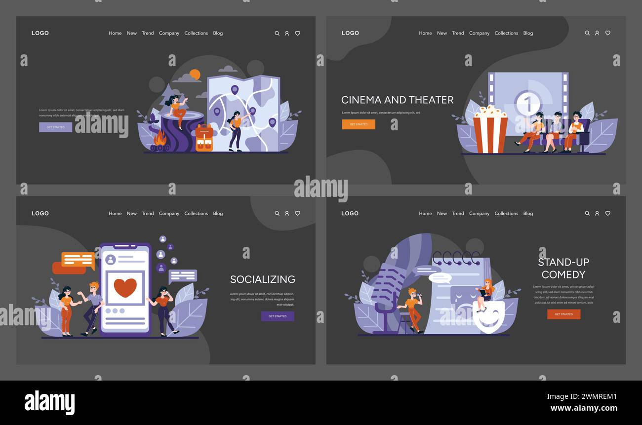 Ensemble d'activités familiales et sociales. Aventures en plein air, escapades cinématographiques, connexions en ligne réconfortantes et routines de stand-up dynamiques capturées dans des vecteurs. Illustration vectorielle Illustration de Vecteur