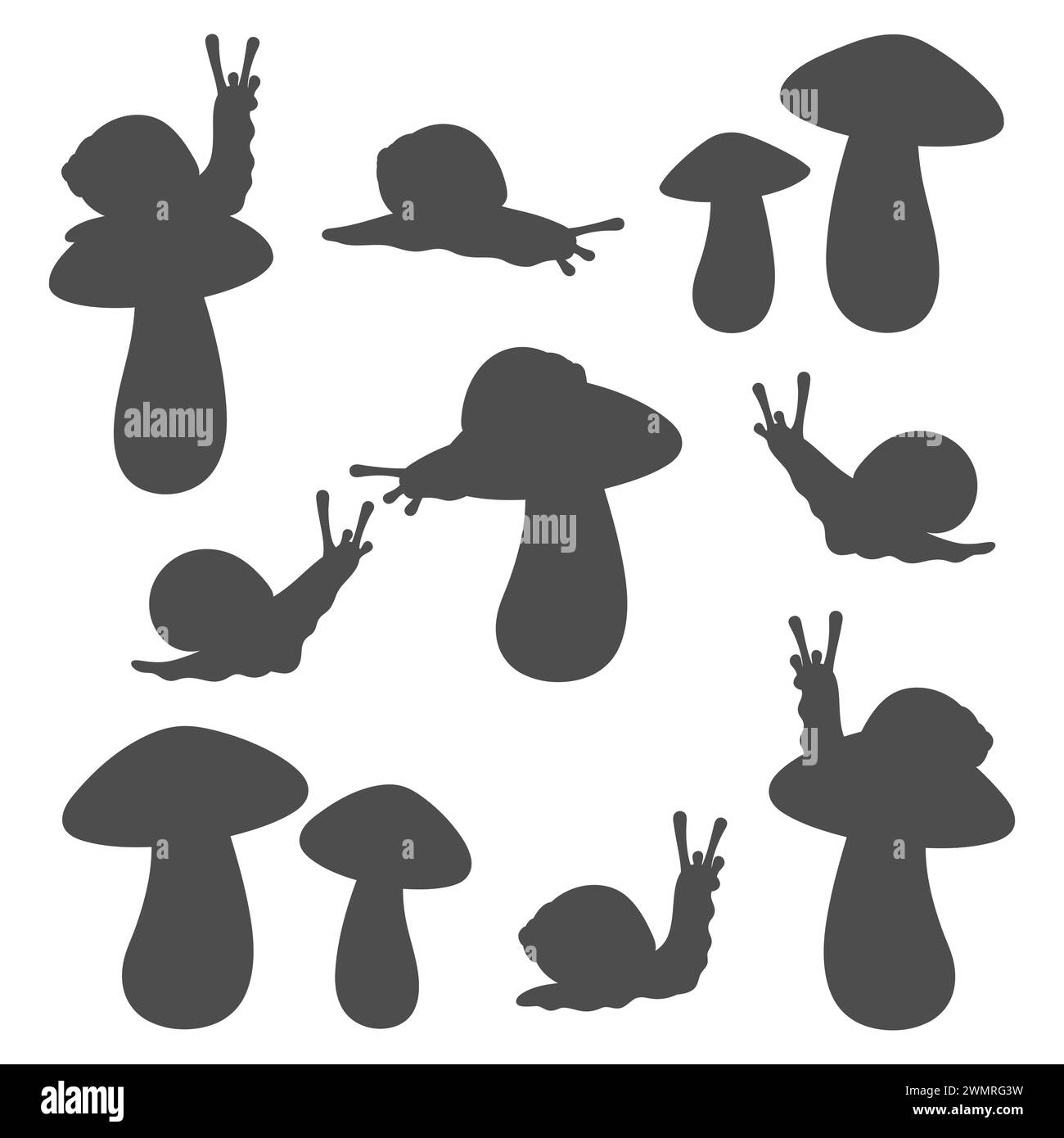 Ensemble d'illustrations en noir et blanc avec des escargots et des champignons. Objets vectoriels isolés sur fond blanc. Illustration de Vecteur