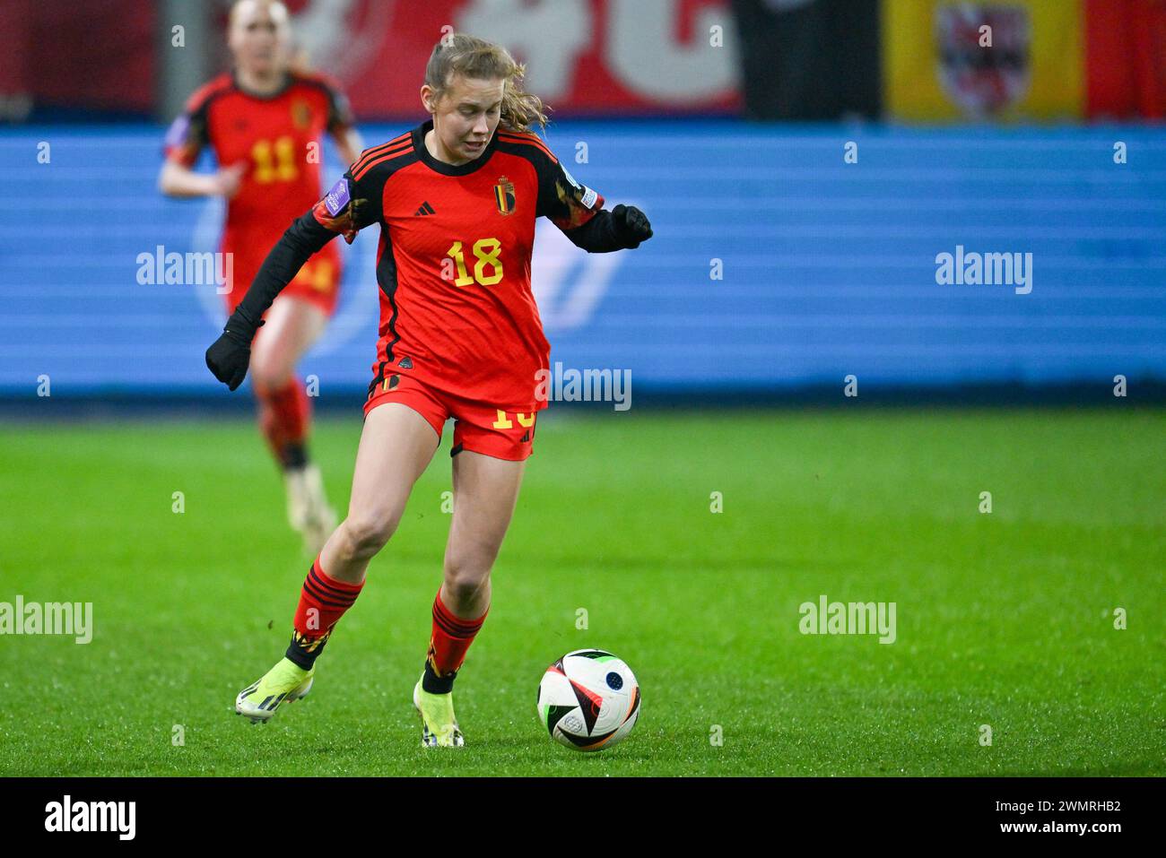 Leuven, Belgique. 27 février 2024. La belge Jarne Teulings photographiée en action lors d'un match de football entre l'équipe nationale féminine belge les Red Flames et la Hongrie, le match retour dans les matchs de promotion et relégation de la compétition Liga A De l'UEFA 2023-2024, le mardi 27 février 2024, à Heverlee, Louvain. La Belgique a remporté la première manche avec un score de 1-5. BELGA PHOTO DAVID CATRY crédit : Belga News Agency/Alamy Live News Banque D'Images