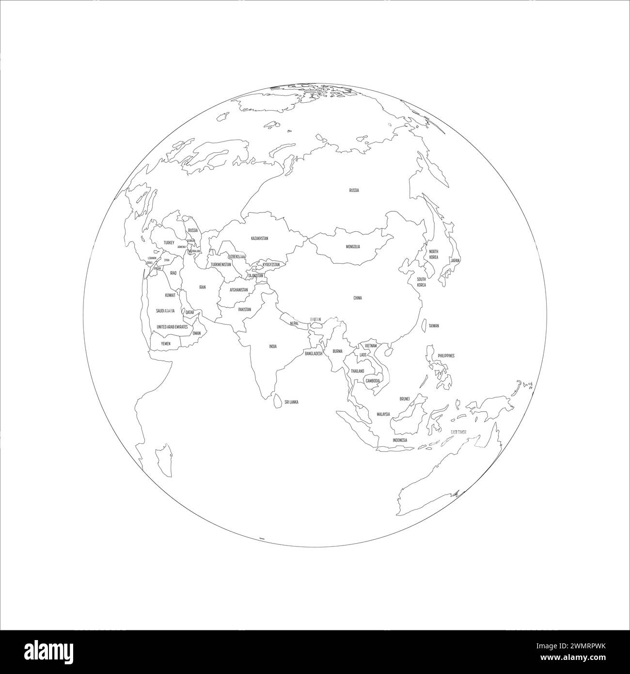 Carte politique de l'Asie. Carte de contour noir mince avec étiquettes de nom de pays sur fond blanc. Projection ortographique. Illustration vectorielle Illustration de Vecteur