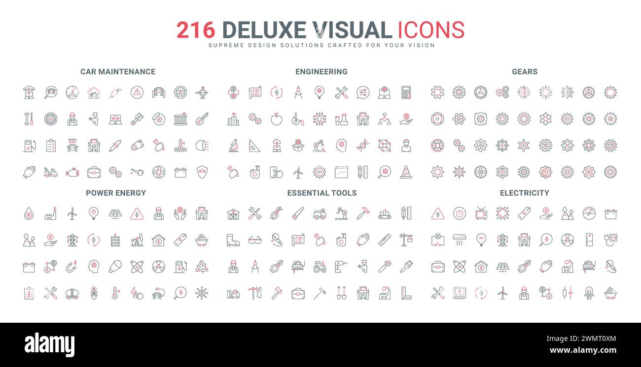 Énergie électrique, production et distribution d'électricité, équipement des travailleurs et outils ligne icônes ensemble. Centrales hydro et nucléaires, service d'entretien de voiture mince noir et rouge symboles illustration vectorielle Illustration de Vecteur
