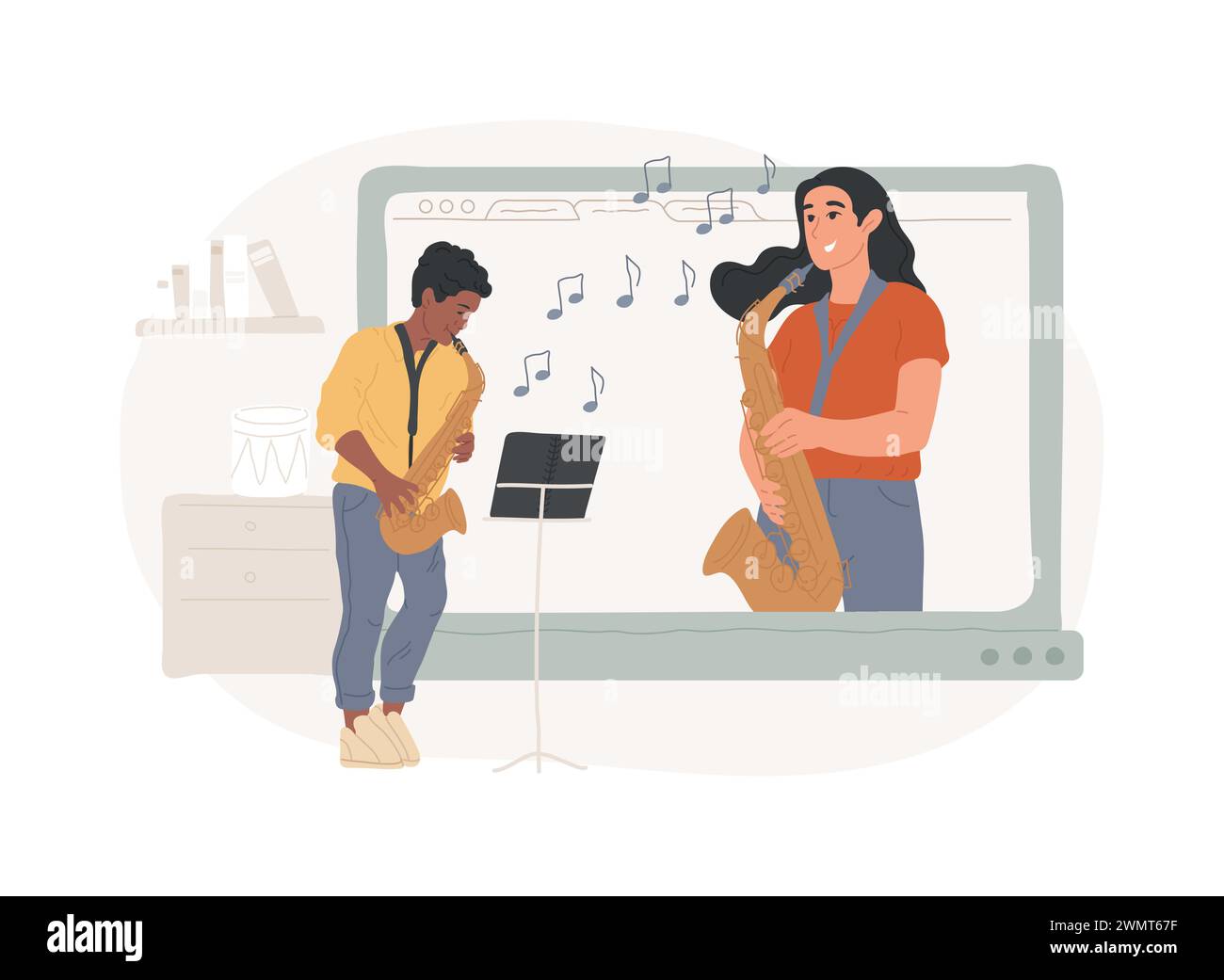 Leçons de musique en ligne illustration vectorielle de concept isolé. Vidéoconférence en direct, professeur de musique, quarantaine covid, pratique privée en ligne, conseils professionnels, restez à la maison concept de vecteur. Illustration de Vecteur