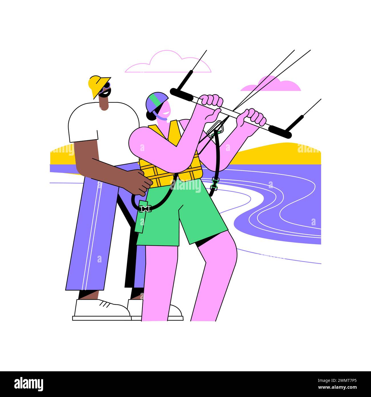 Apprenez le kitesurf illustrations vectorielles isolées de dessins animés. Fille penchant kitesurf avec instructeur, leçons de kitesurf, vacances d'été, vacances de sports nautiques, bande dessinée vectorielle de temps de voyage. Illustration de Vecteur