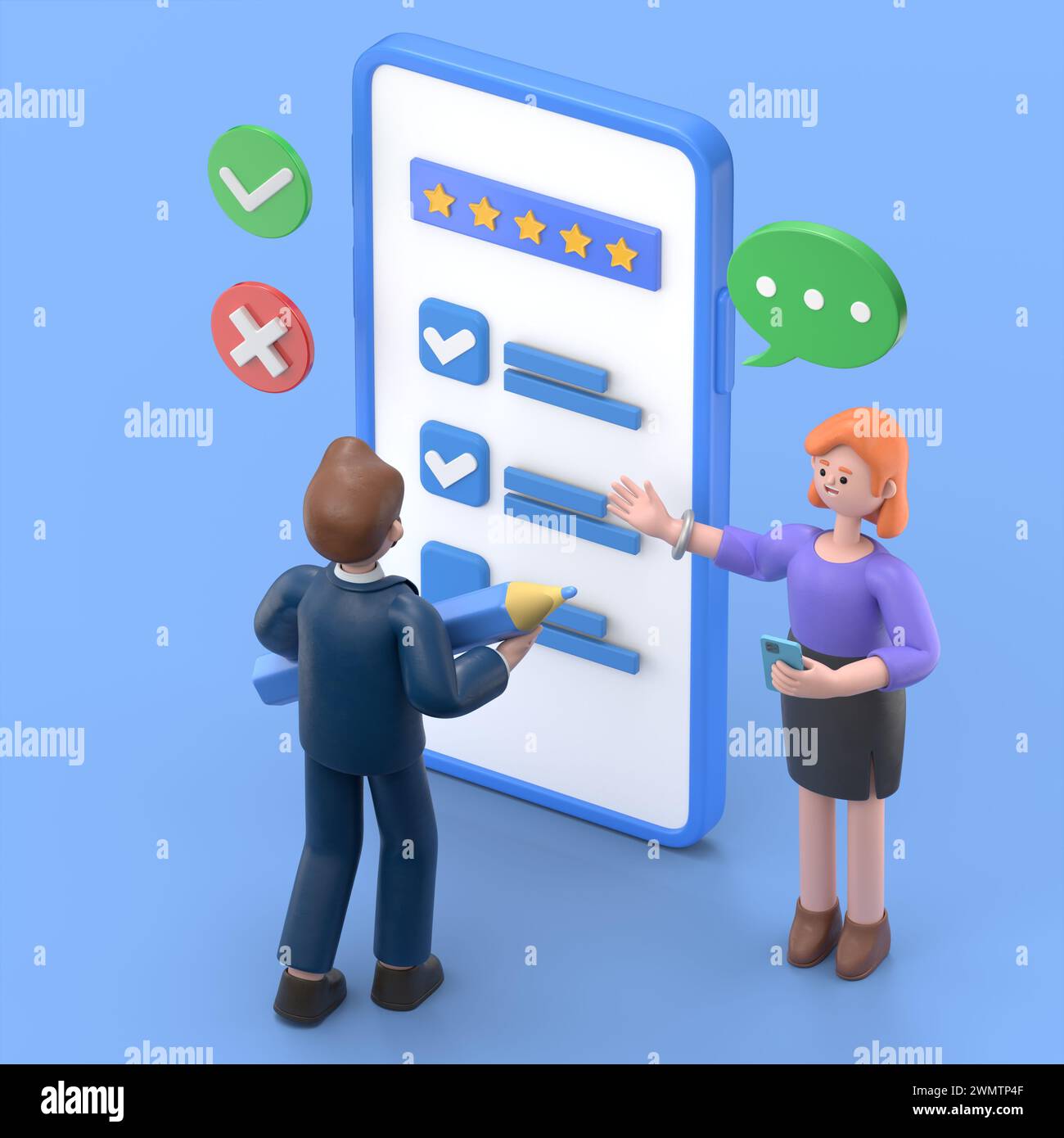 Personnages remplissant le test en ligne dans le formulaire d'enquête client. Femme et homme mettant une coche sur la liste de contrôle. Expériences et satisfaction client Co Banque D'Images