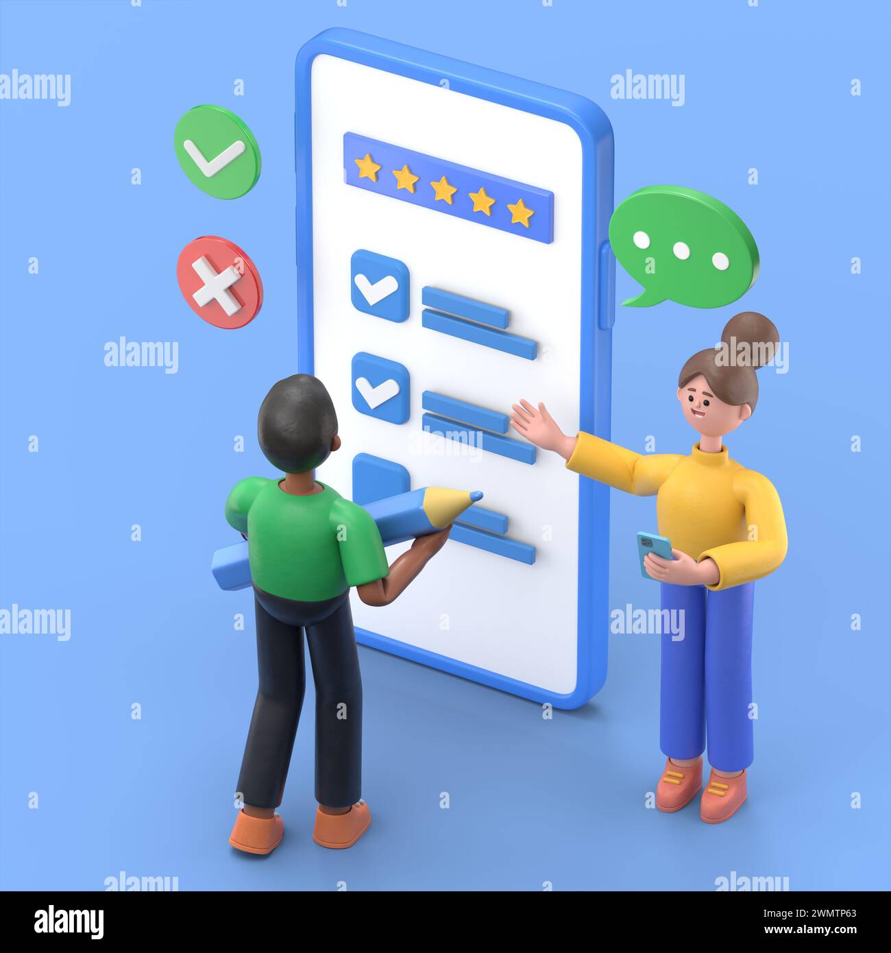 Personnages remplissant le test en ligne dans le formulaire d'enquête client. Femme et homme mettant une coche sur la liste de contrôle. Expériences et satisfaction client Co Banque D'Images