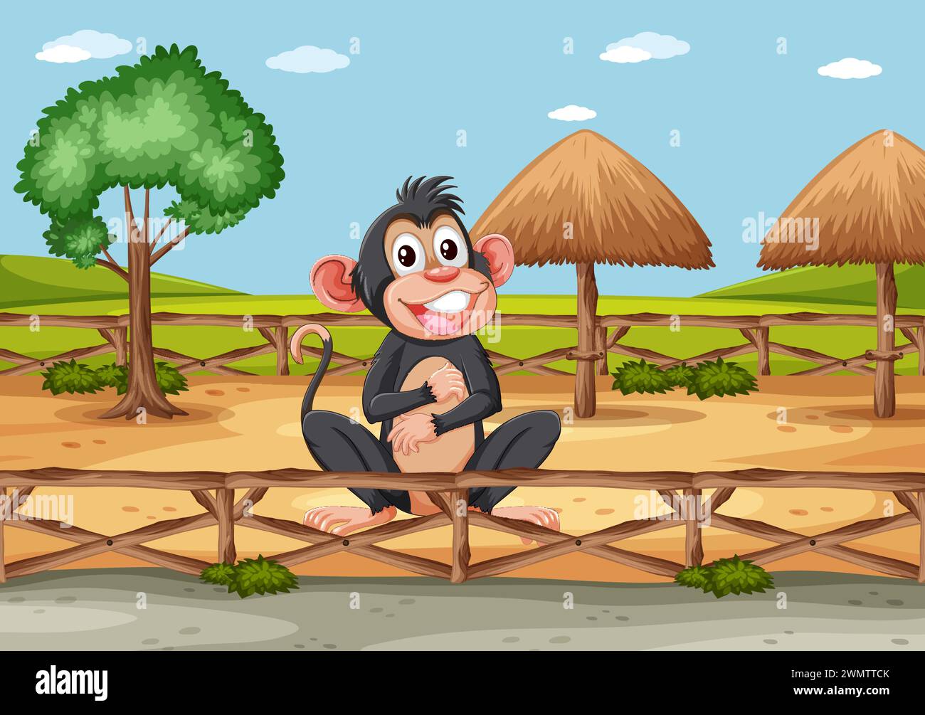 Un singe heureux assis sur un pont à l'extérieur Illustration de Vecteur