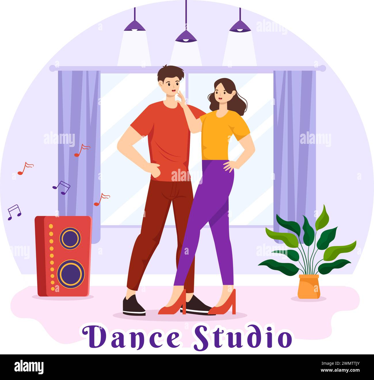 Illustration vectorielle de studio de danse avec des couples de danse exécutant accompagné de musique dans Flat Cartoon fond Design Illustration de Vecteur