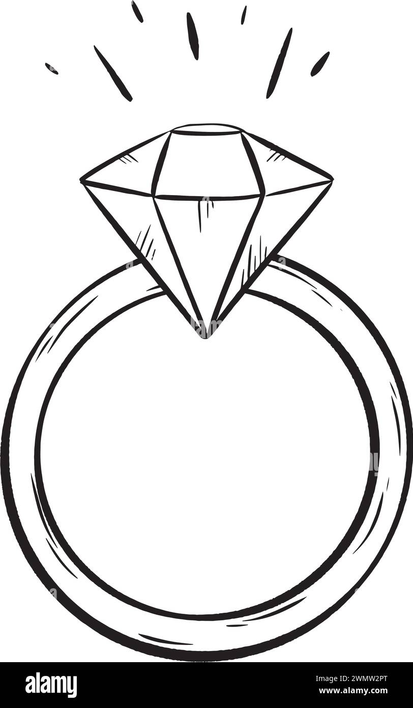 dessin noir et blanc d'une bague avec un diamant dedans Illustration de Vecteur