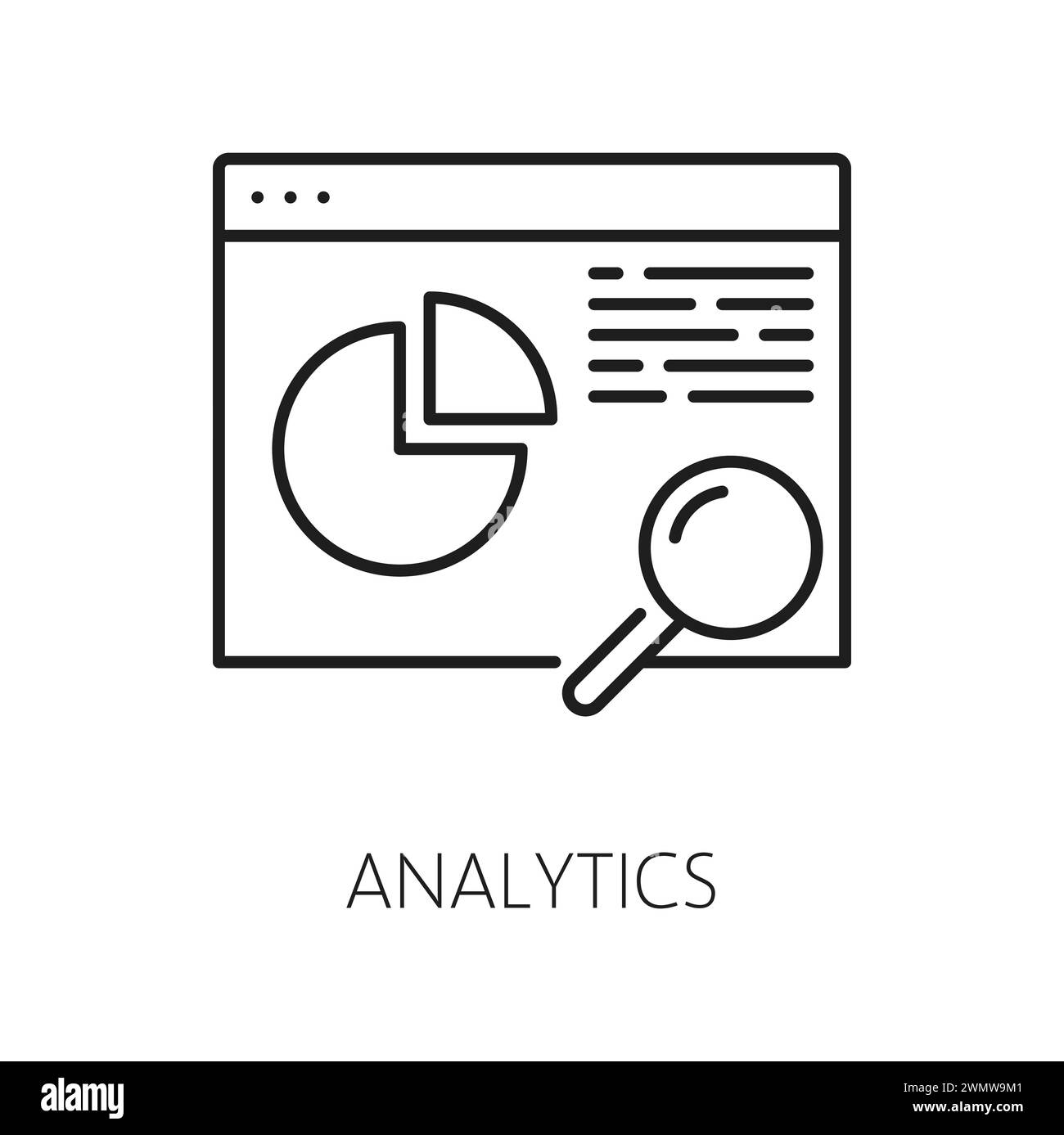 Analyses. CDN. Icône de réseau de diffusion de contenu, service de téléchargement et de mise à jour de médias Web, système d'administration et de publication de site Web, symbole vectoriel de contour de CDN avec page Web et loupe Illustration de Vecteur