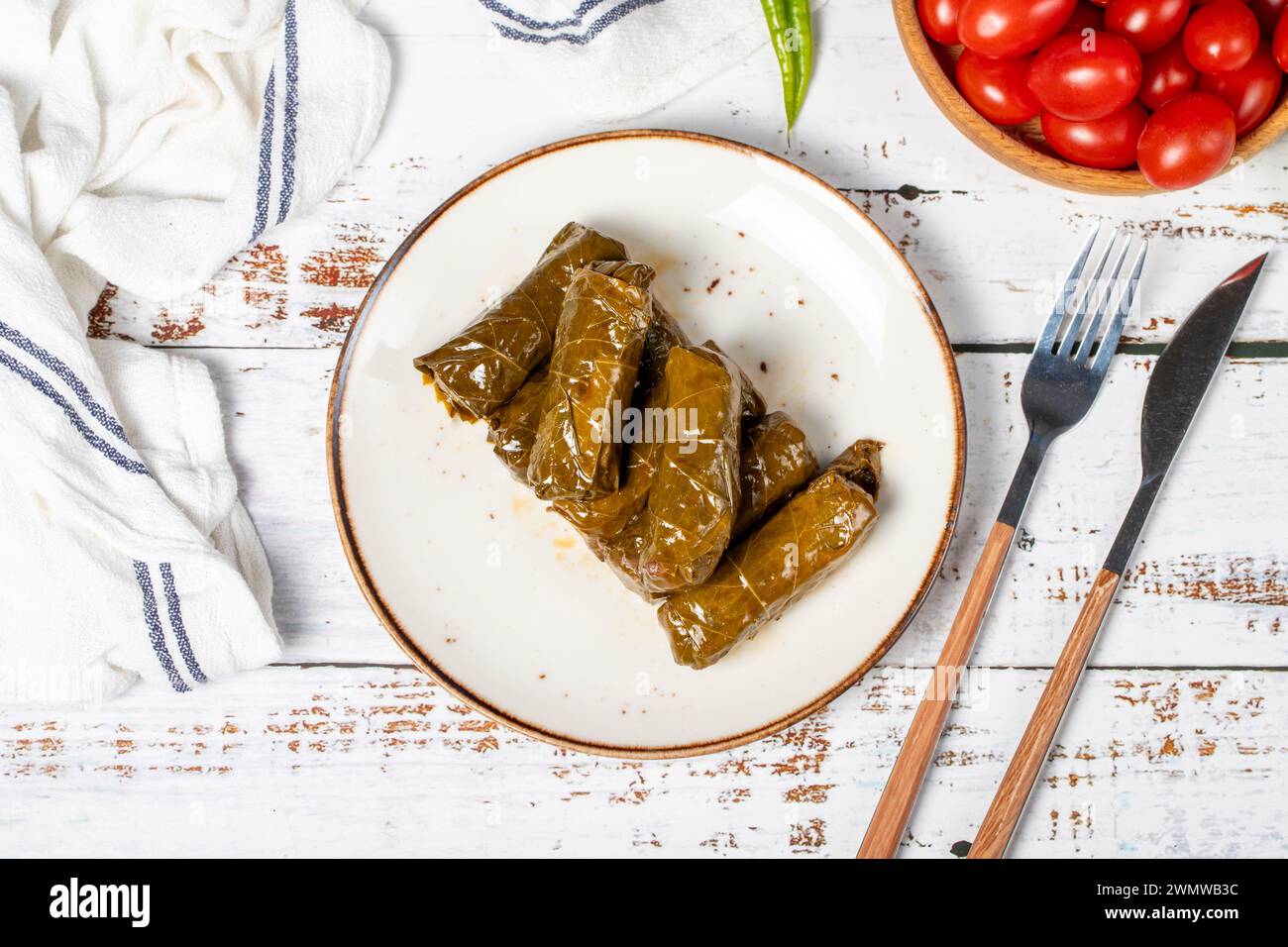 Feuilles de raisin farcies à l'huile d'olive. Dolma préparé avec des feuilles de raisin et du riz. Feuilles de raisin farcies ou dolmades à l'huile d'olive sur un dos en bois blanc Banque D'Images